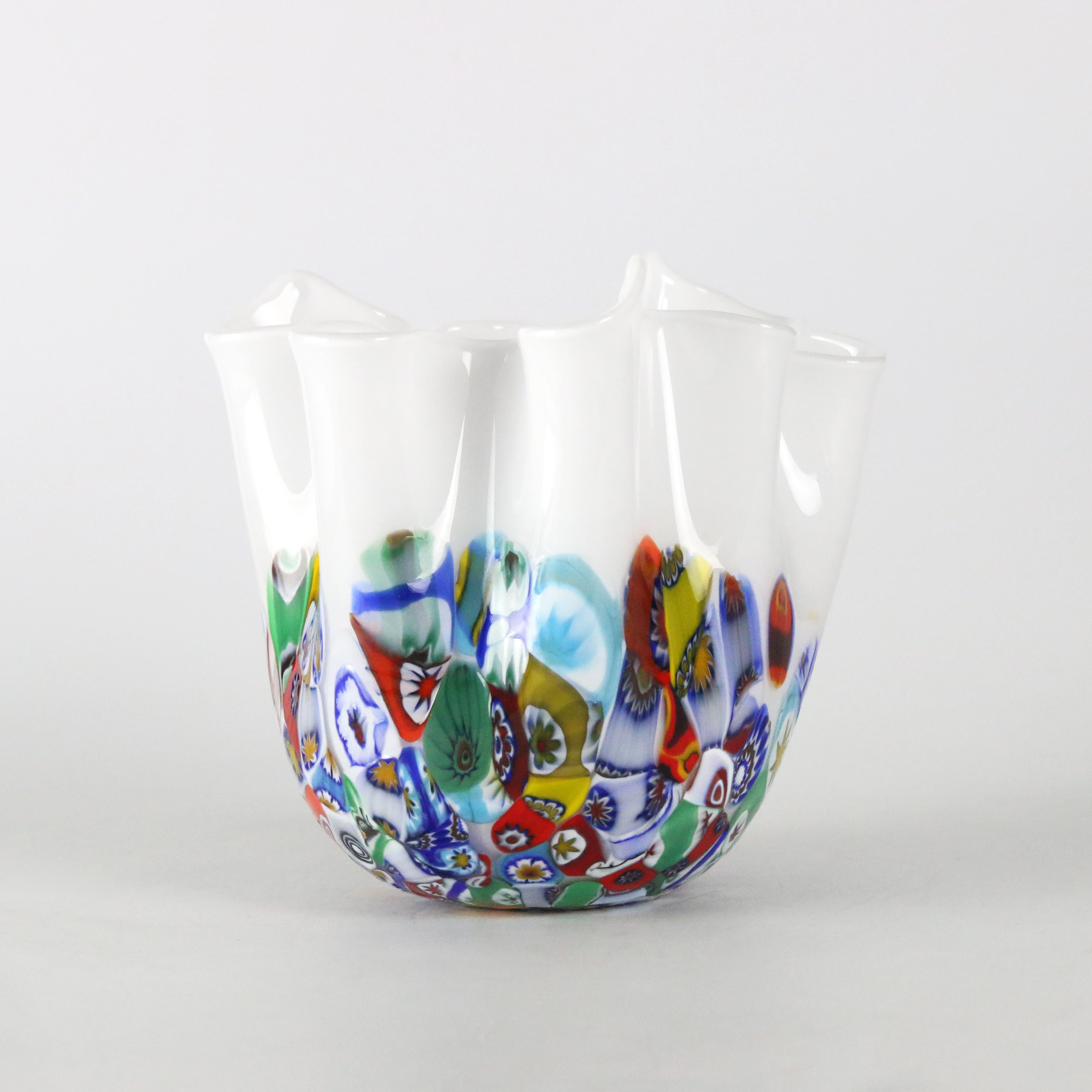 Hand-Crafted 1295 Murano Art Glass Foulard Hand Made in Venice/Murano, White Glass / Murrina