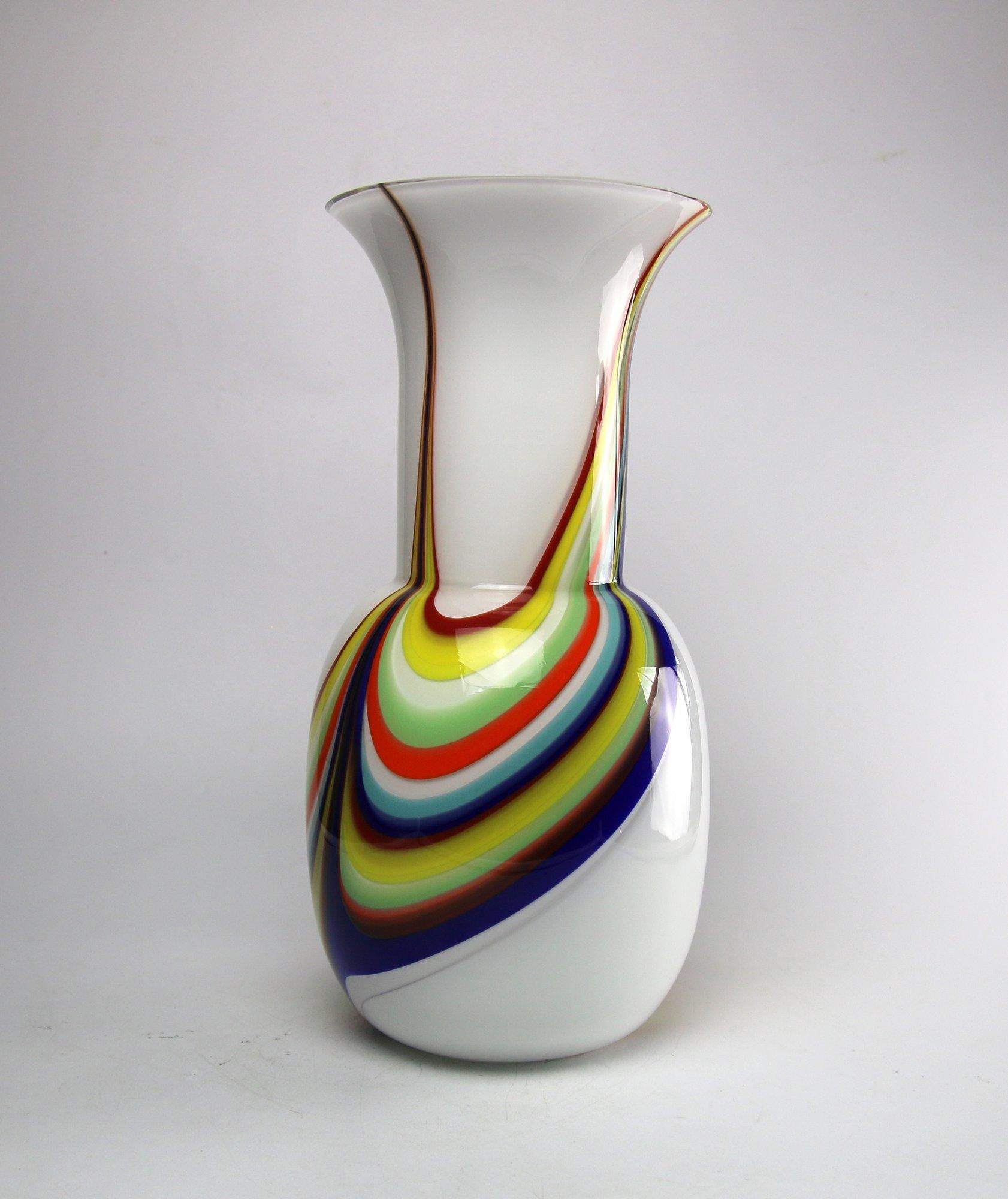 Modern 1295 Murano Artglass Hand Blown Vase, White and Colors Flames For Sale