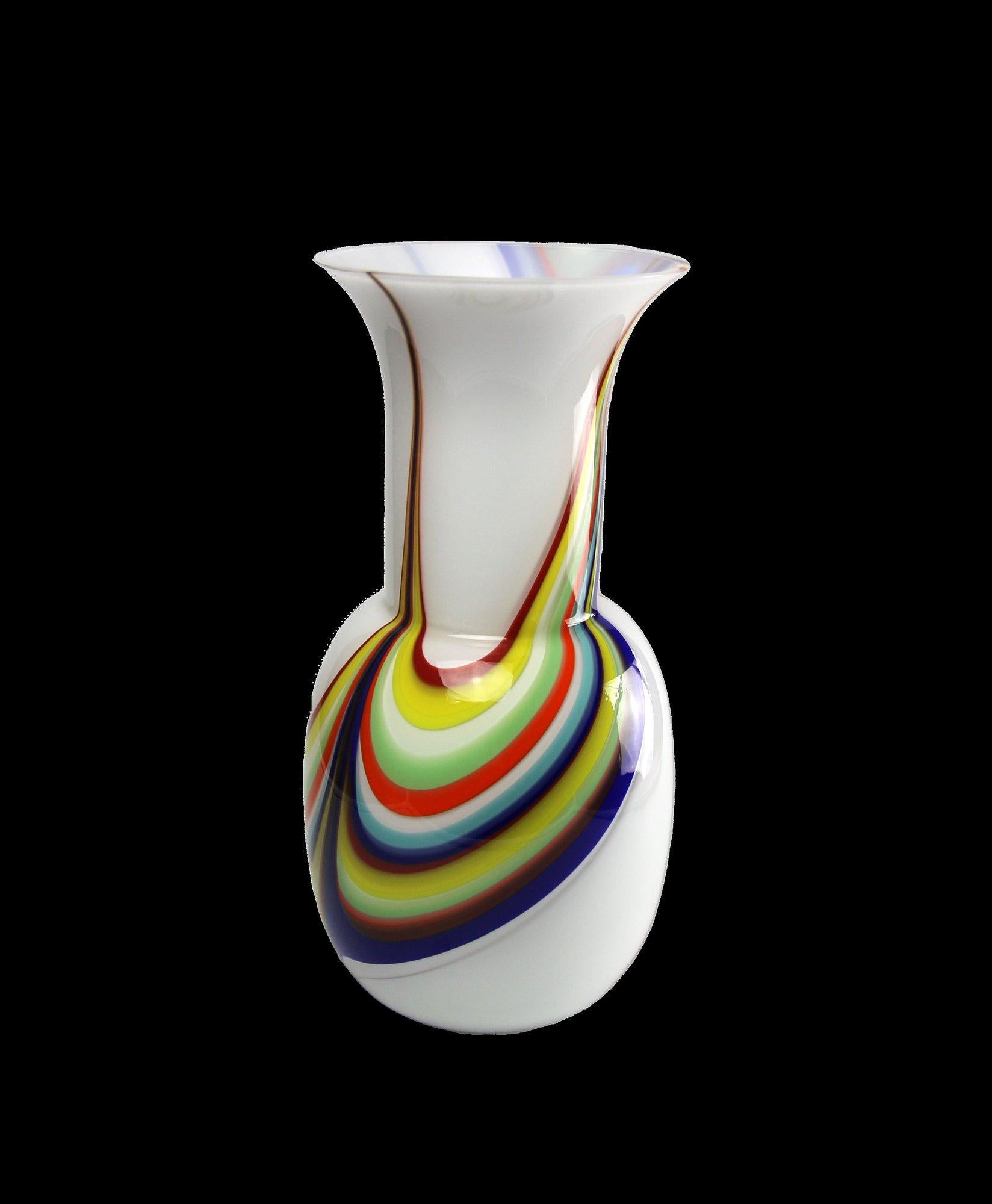 Italian 1295 Murano Artglass Hand Blown Vase, White and Colors Flames For Sale