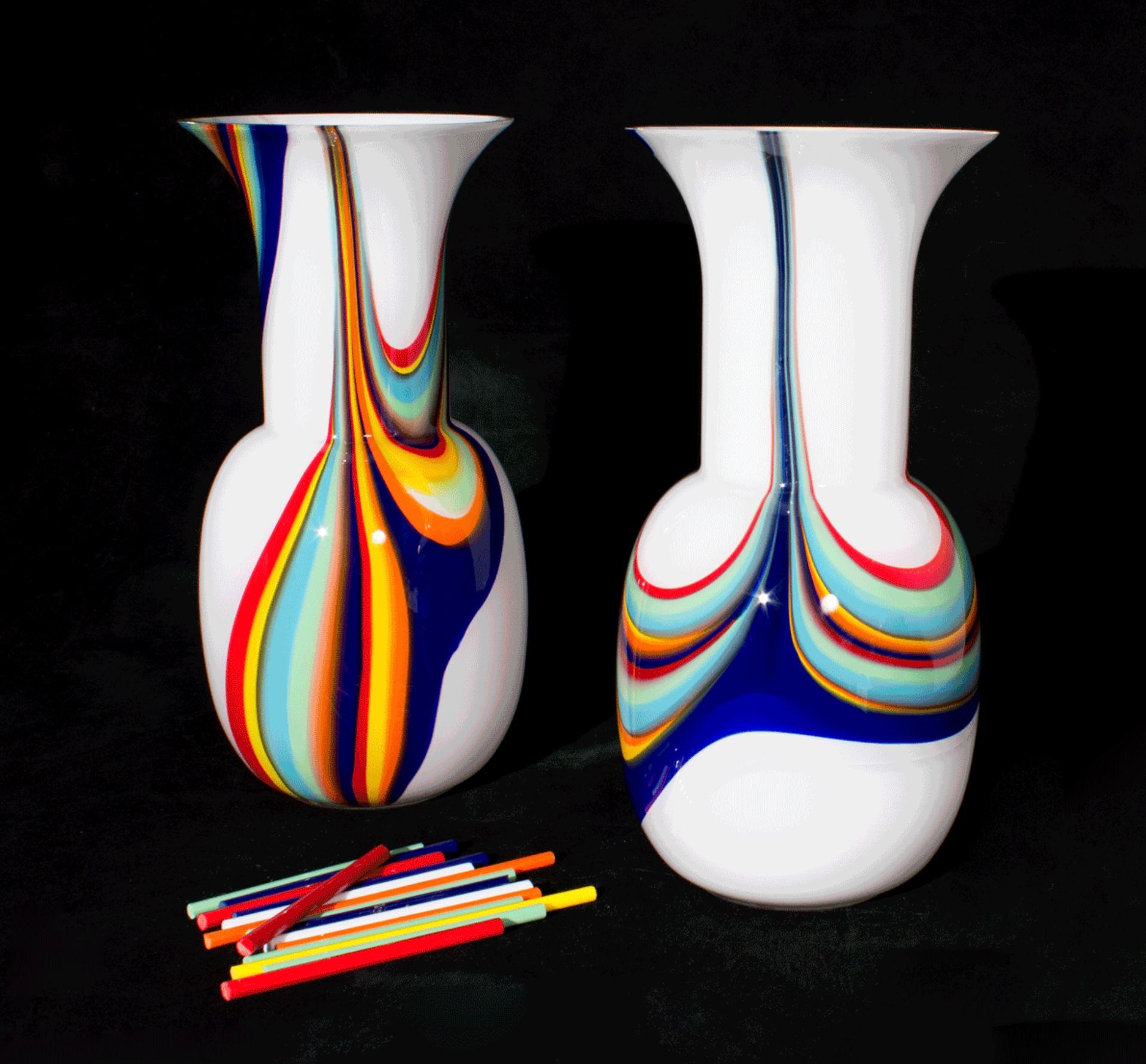 Contemporary 1295 Murano Artglass Hand Blown Vase, White and Colors Flames For Sale