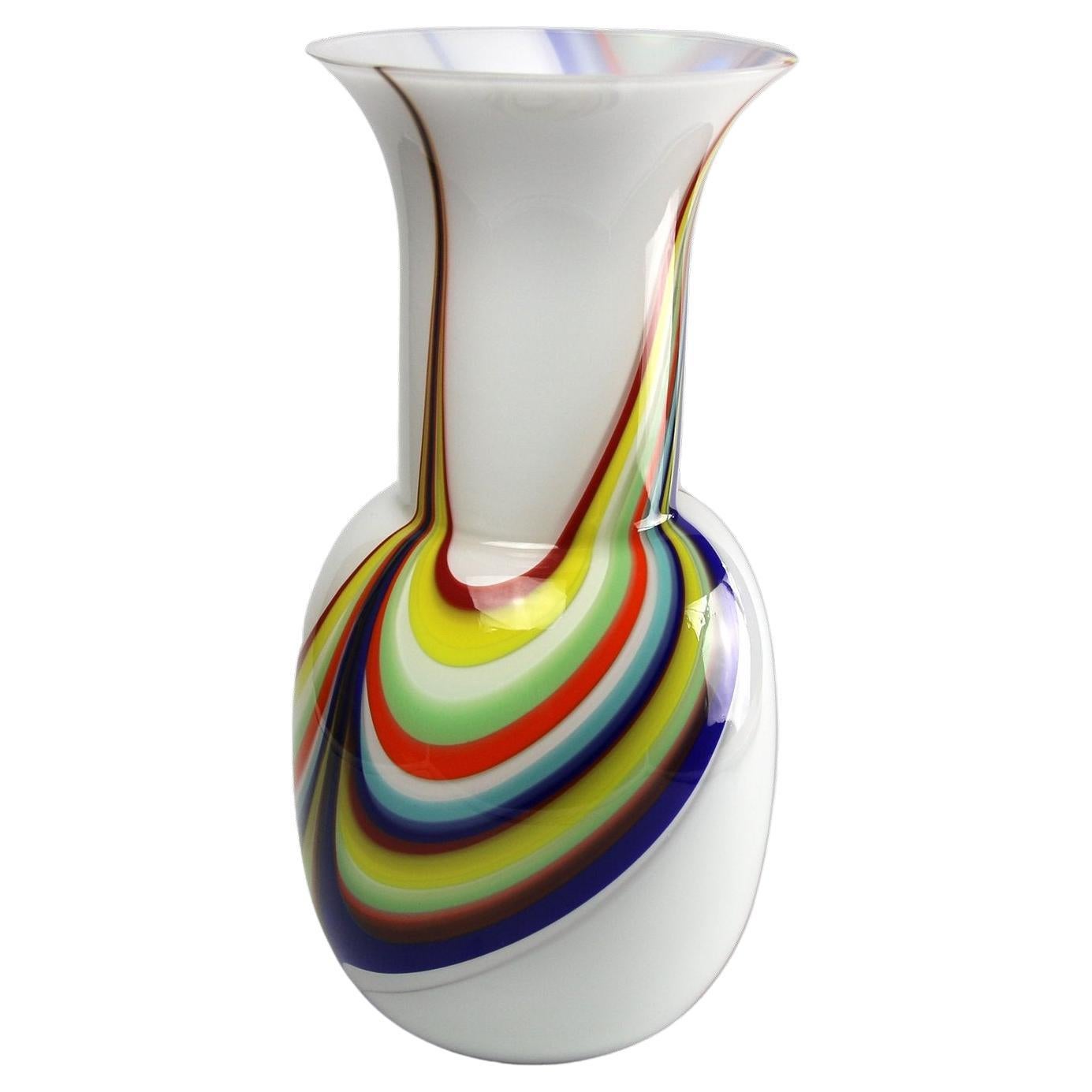 1295 Murano Artglass Hand Blown Vase, White and Colors Flames For Sale