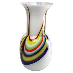 1295 Murano Artglass Hand Blown Vase, White and Colors Flames