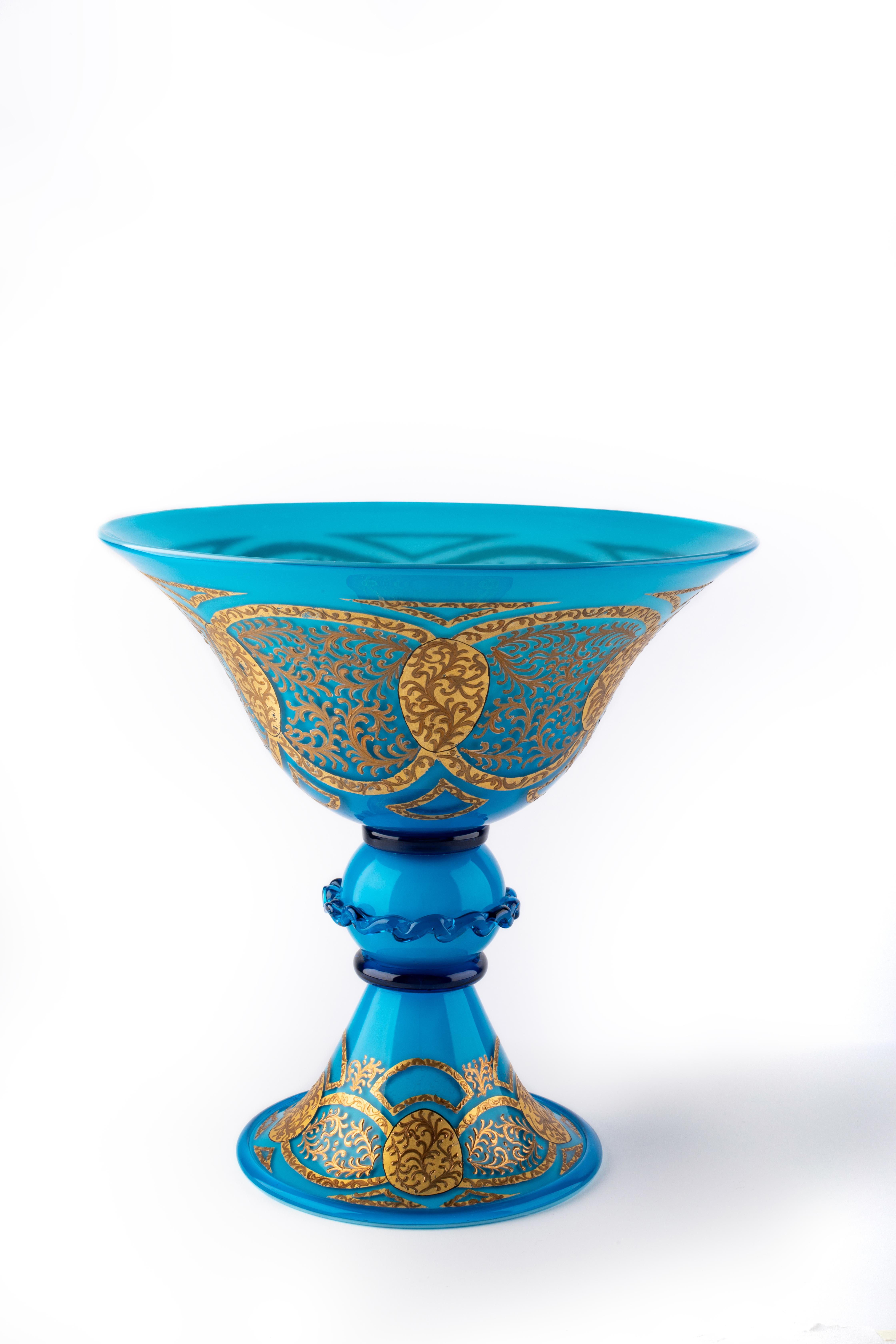 Murano Art glass Masterpiece Cup 1960/1970, Turquoise, 24kt Gold hand made decor For Sale 1