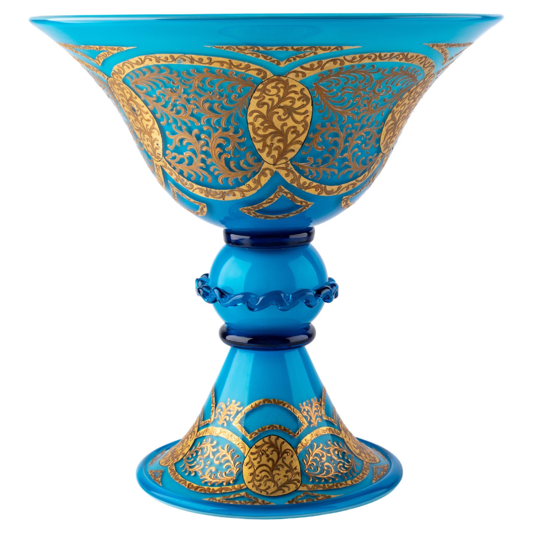 Murano Art glass Masterpiece Cup 1960/1970, Turquoise, 24kt Gold hand made decor For Sale