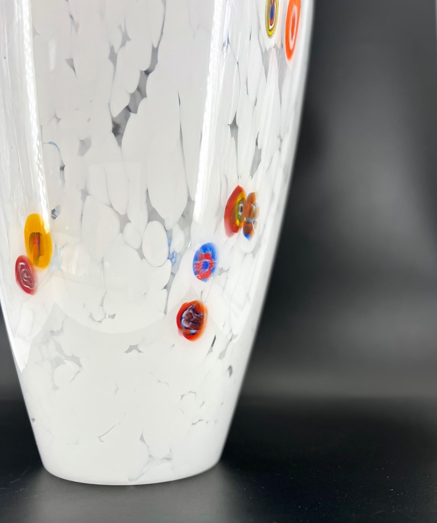 Art Glass 1295 Murano, Blown Glass White Edition Murrine Vase Big For Sale