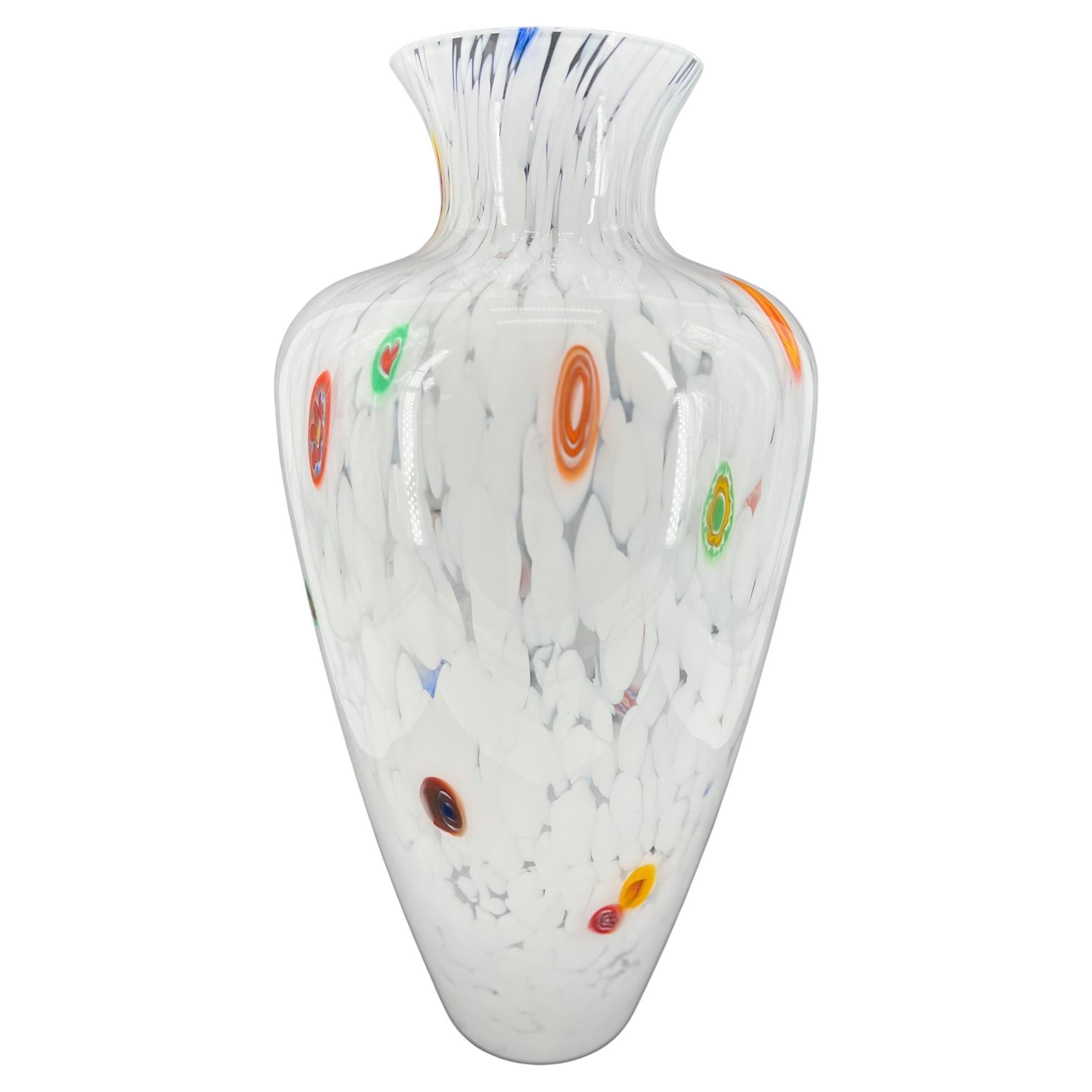 1295 Murano, Blown Glass White Edition Murrine Vase Big For Sale