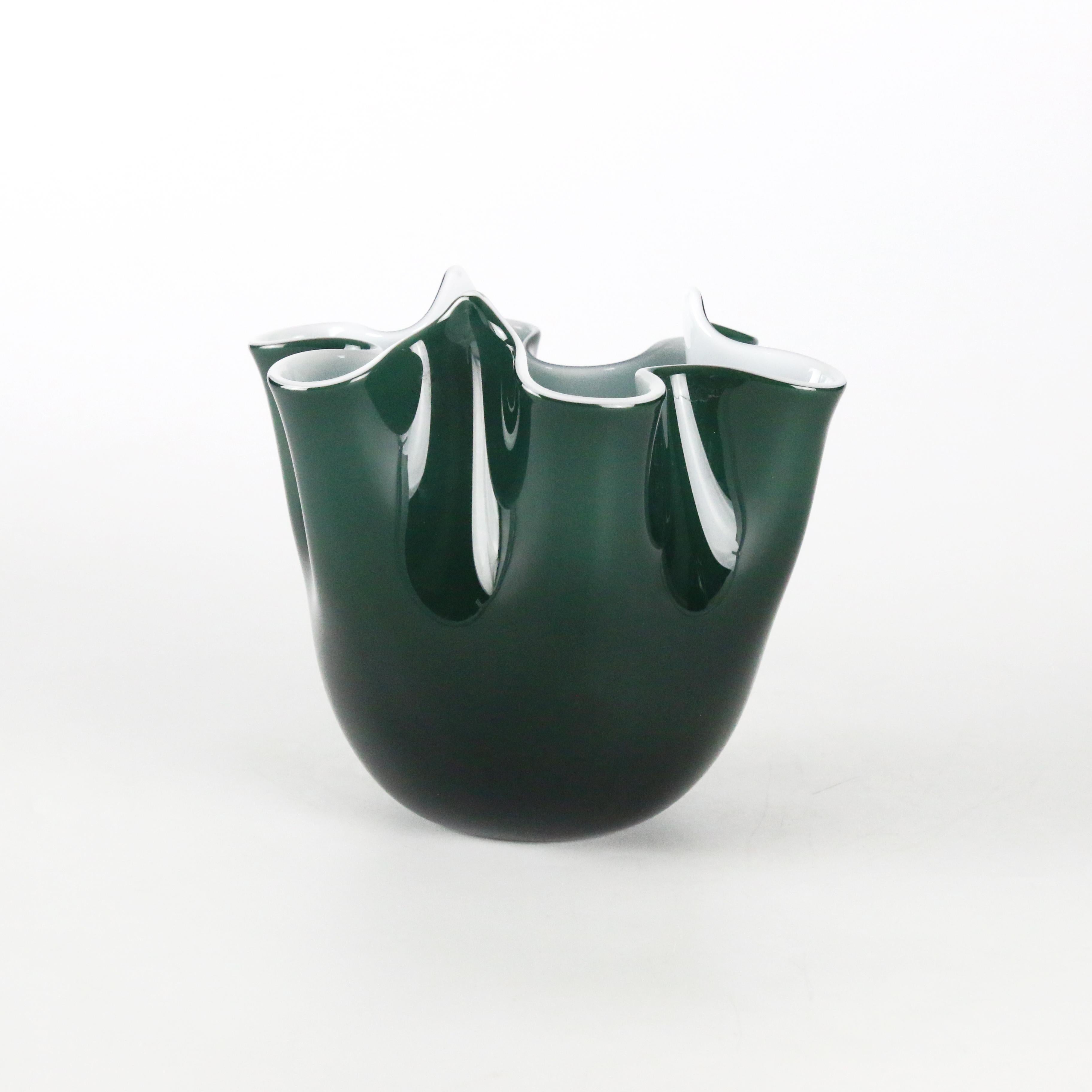 Italian 1295 Murano Foulard English Green/White Hand Made Murano Glass, Small Size For Sale