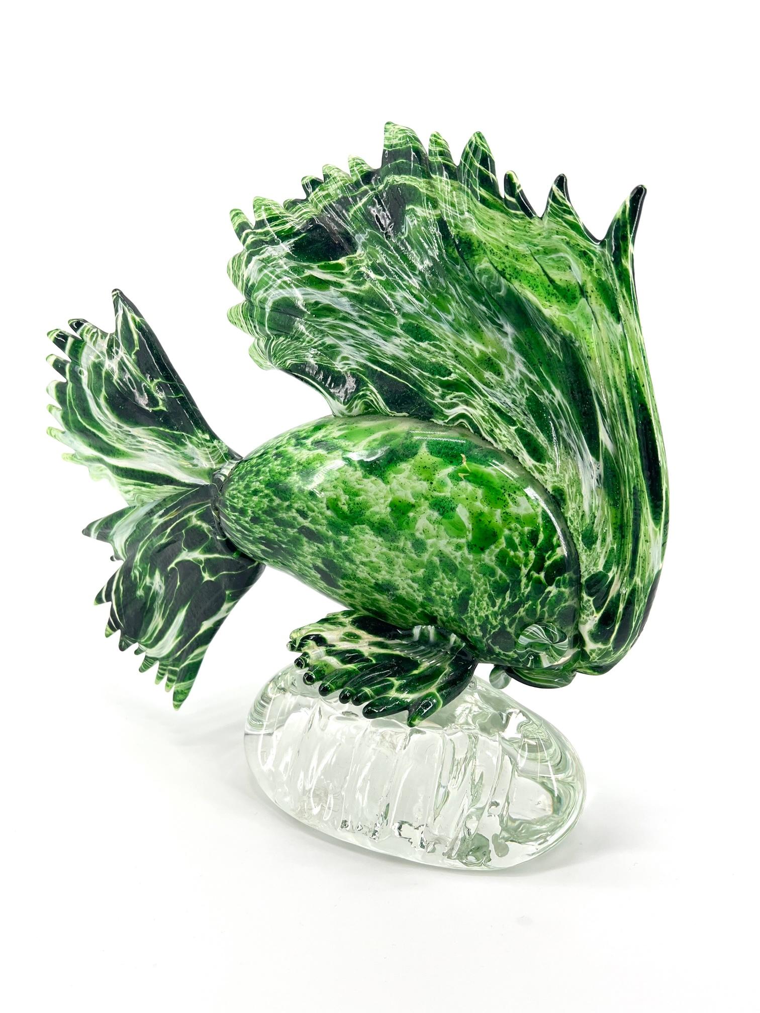 Italian 1295 Murano Glass Fish Sculpture Unique Piece Emerald Green