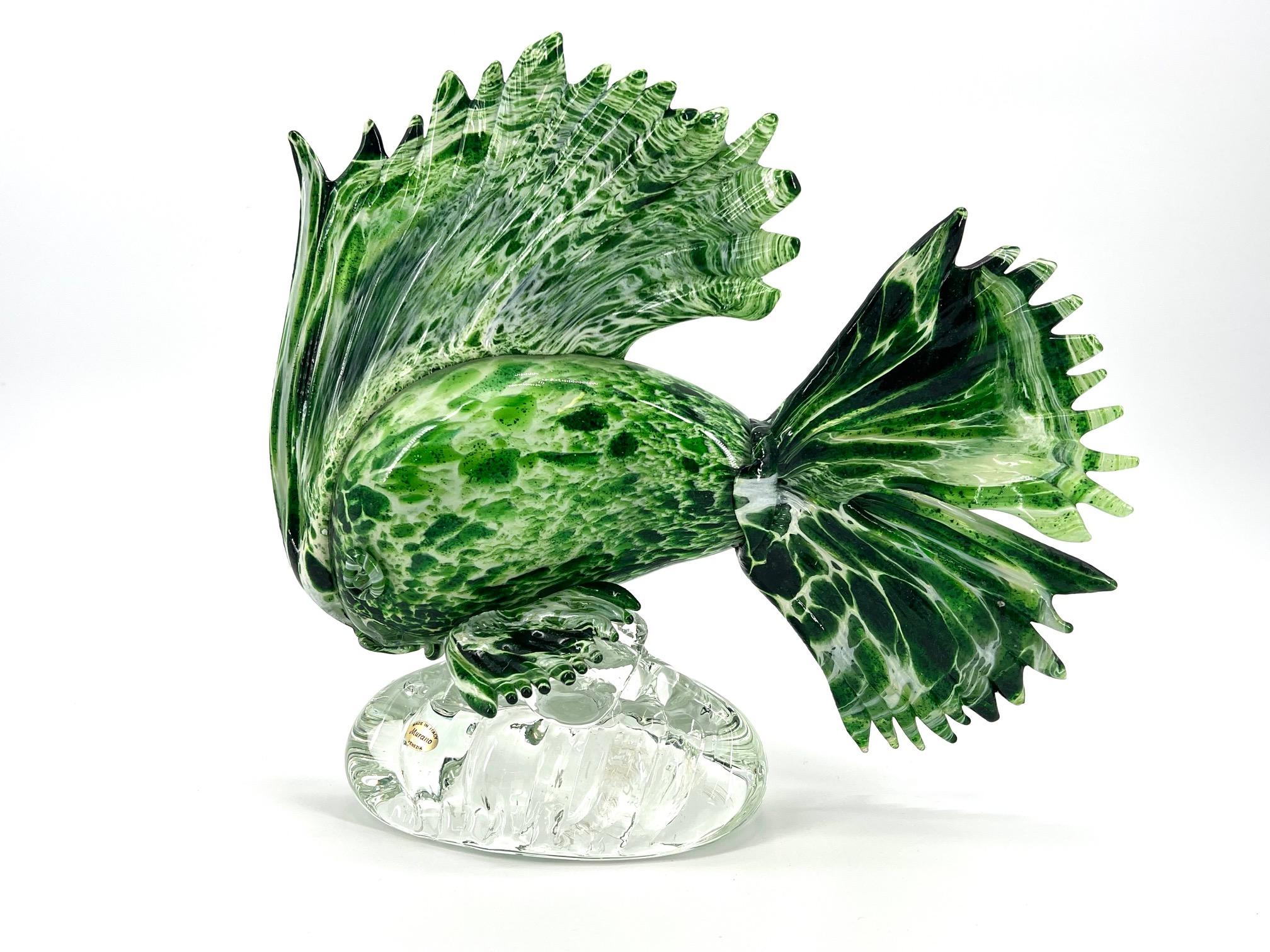 Contemporary 1295 Murano Glass Fish Sculpture Unique Piece Emerald Green