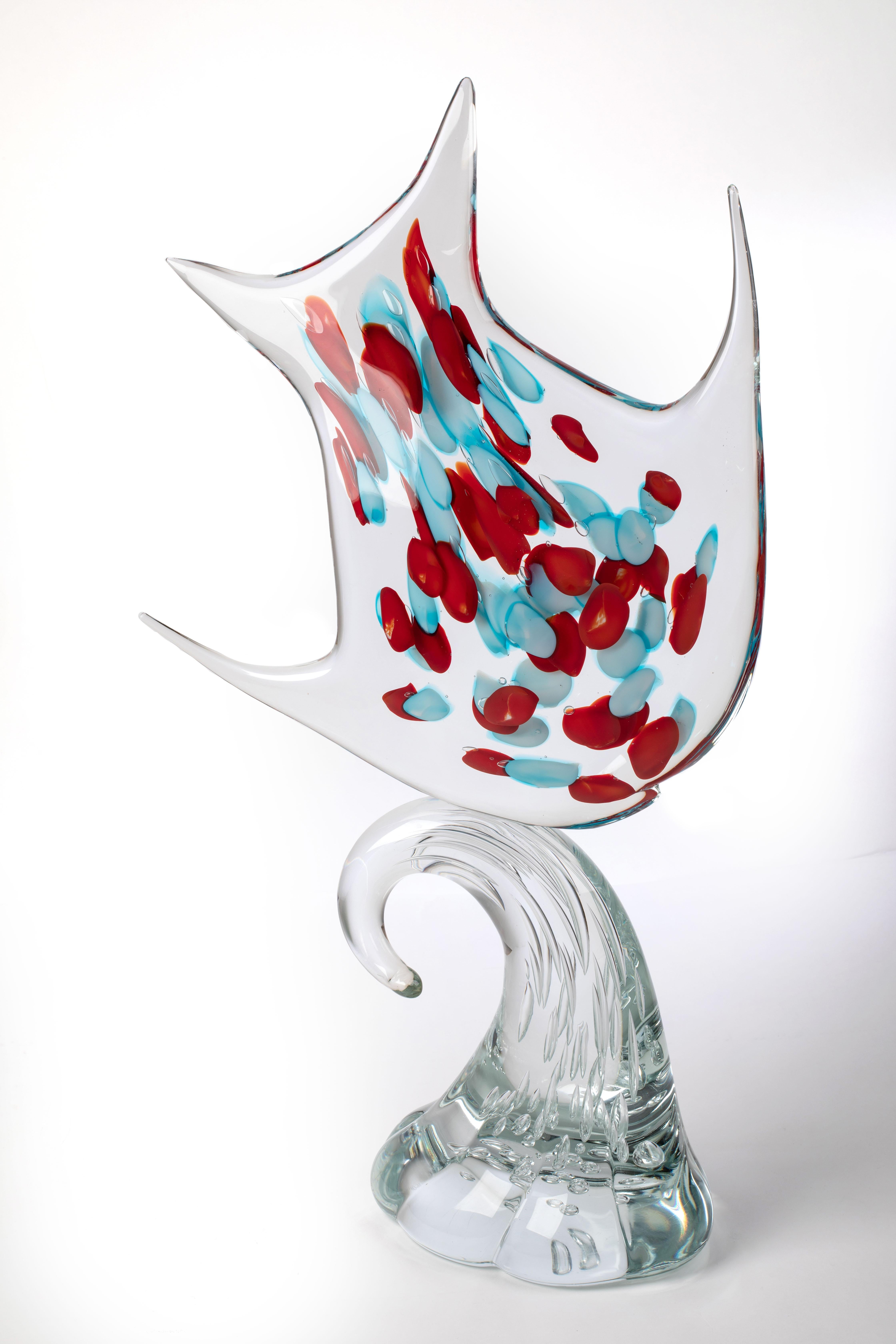 Amazing hand made in Murano / Venice glass fish sculpture, 
it's been hand made for 1295 MURANO, by great Master Valter Rossi
This Sculpture, of important dimensions is made with the technique of the submerged.
It stylizedly represents a fish
