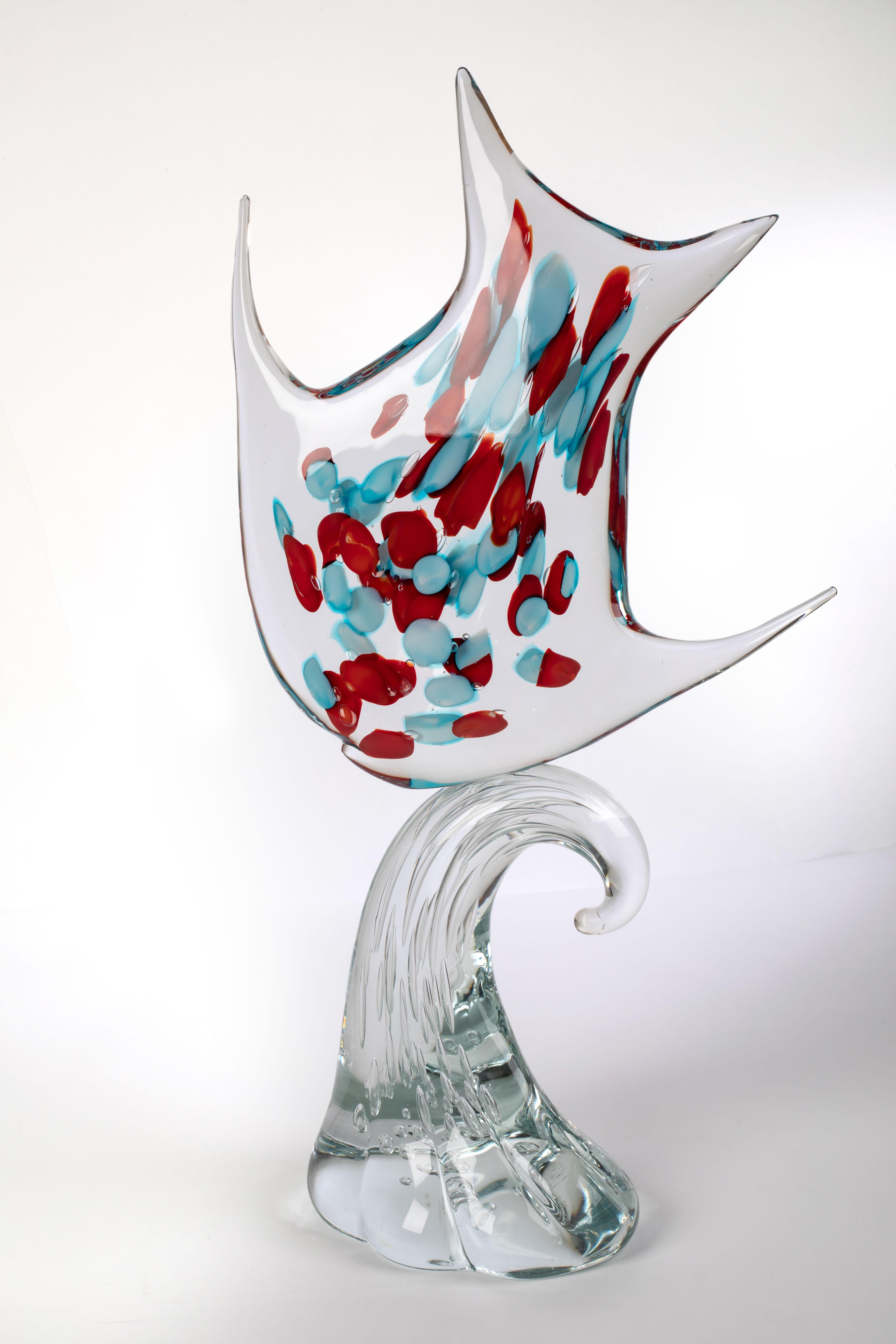 Modern 1295 Murano Glass Fish Sculpture H 31 inches, Unique Piece Sommerso 