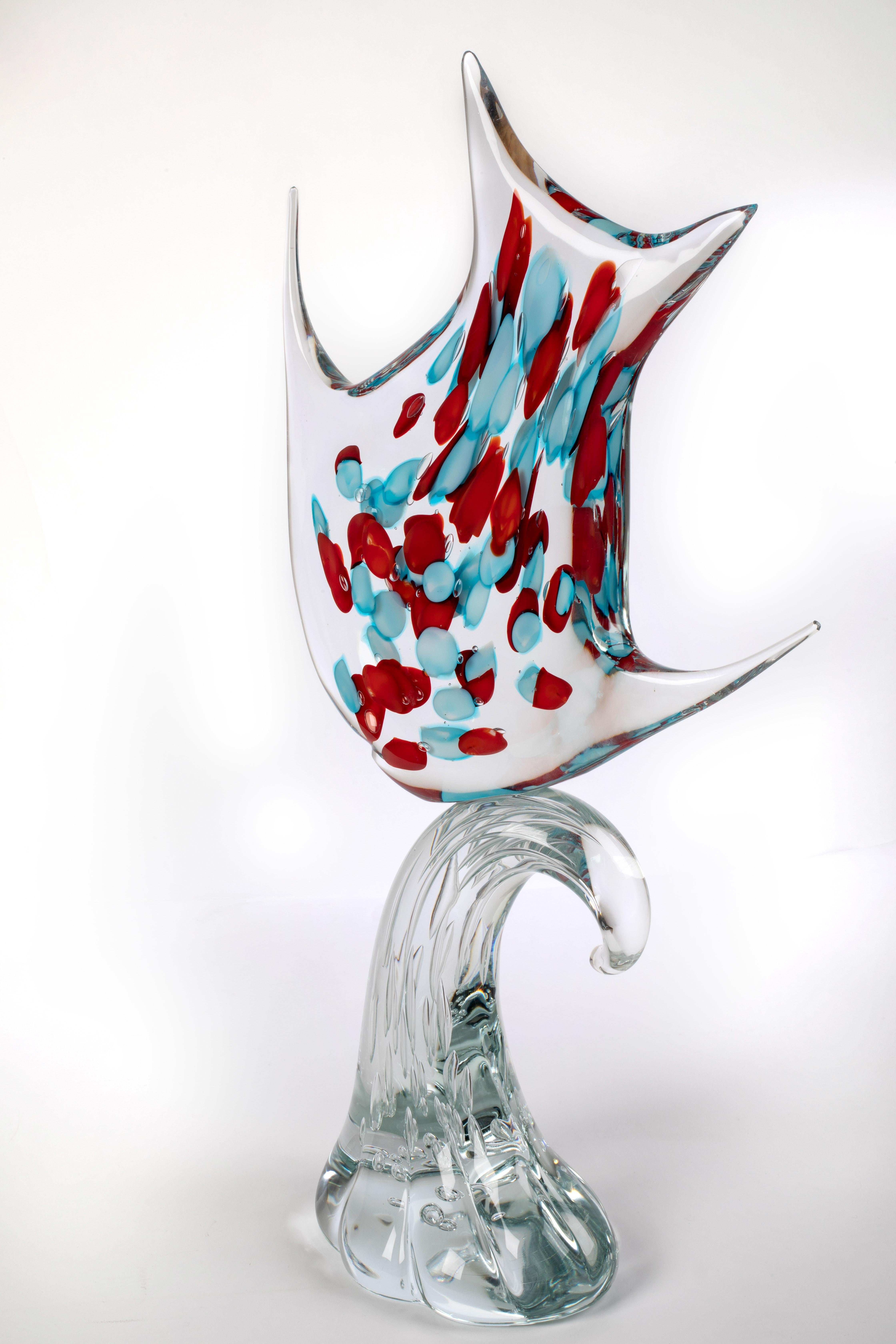 Contemporary 1295 Murano Glass Fish Sculpture H 31 inches, Unique Piece Sommerso 