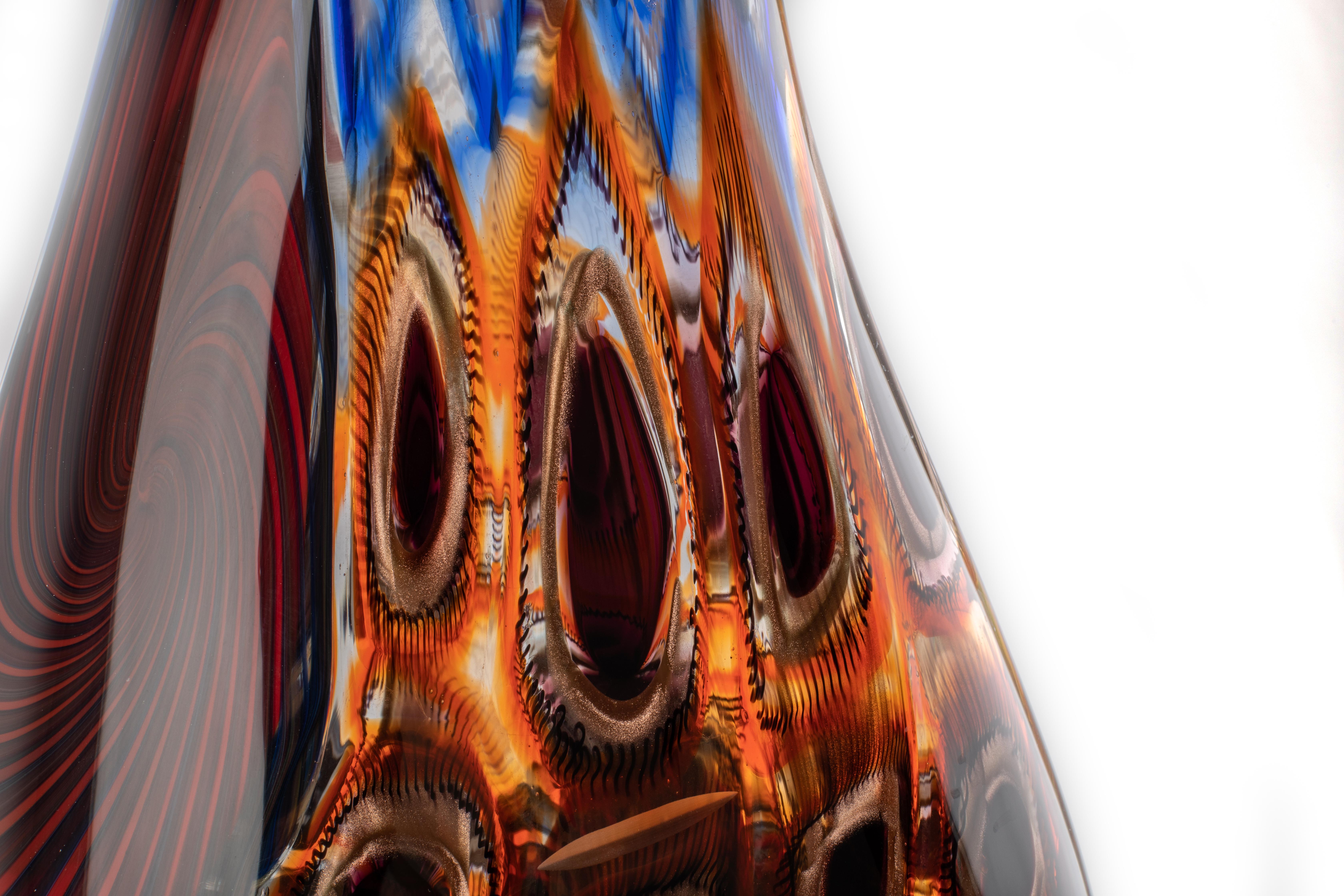 Amazing hand made in Murano / Venice glass Art vase, 
it's been hand made for 1295 MURANO, by great Master Luca Vidal, Venice.
This Sculpture Vase, is made with several Ancient Murano Glass techniques 
It is a unique piece, and breath taking