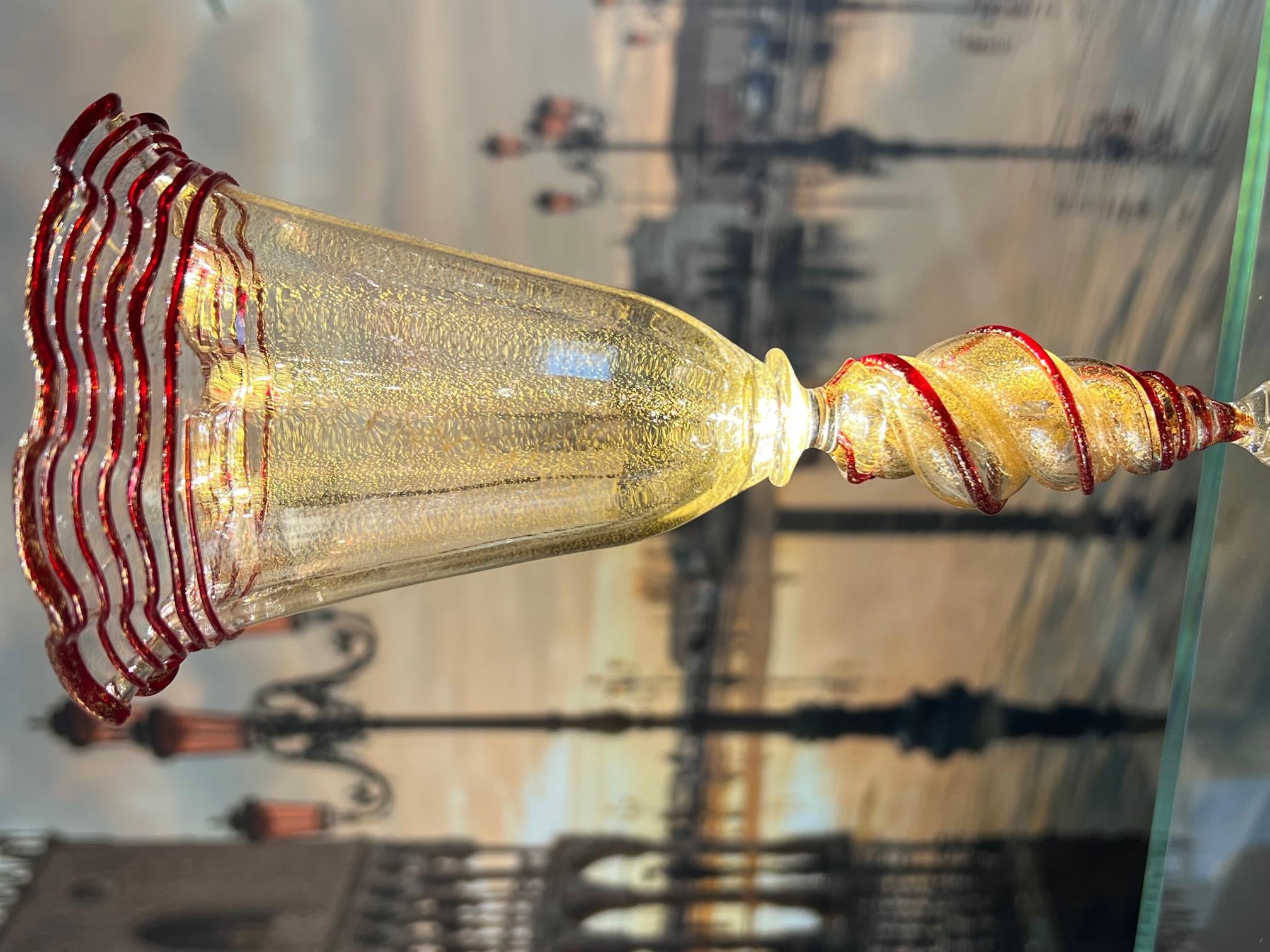 Art Glass 1295 Murano Goblet Hand Blown 24kt Gold Leaf, Certificate of Origin For Sale