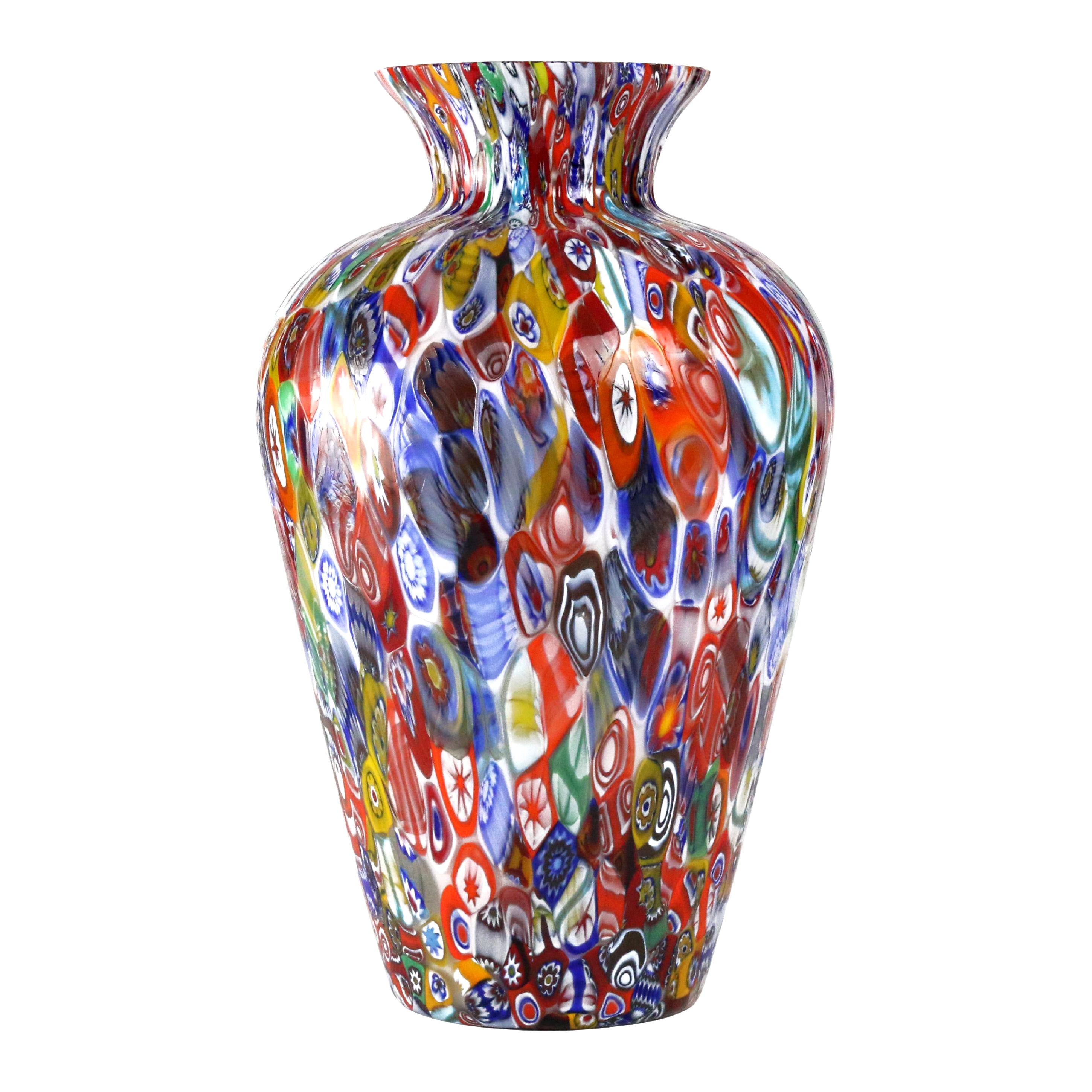 1295 Murano Hand Blown Glass Millefiori Murrine Vase Limited Edition H 14, 5 in For Sale