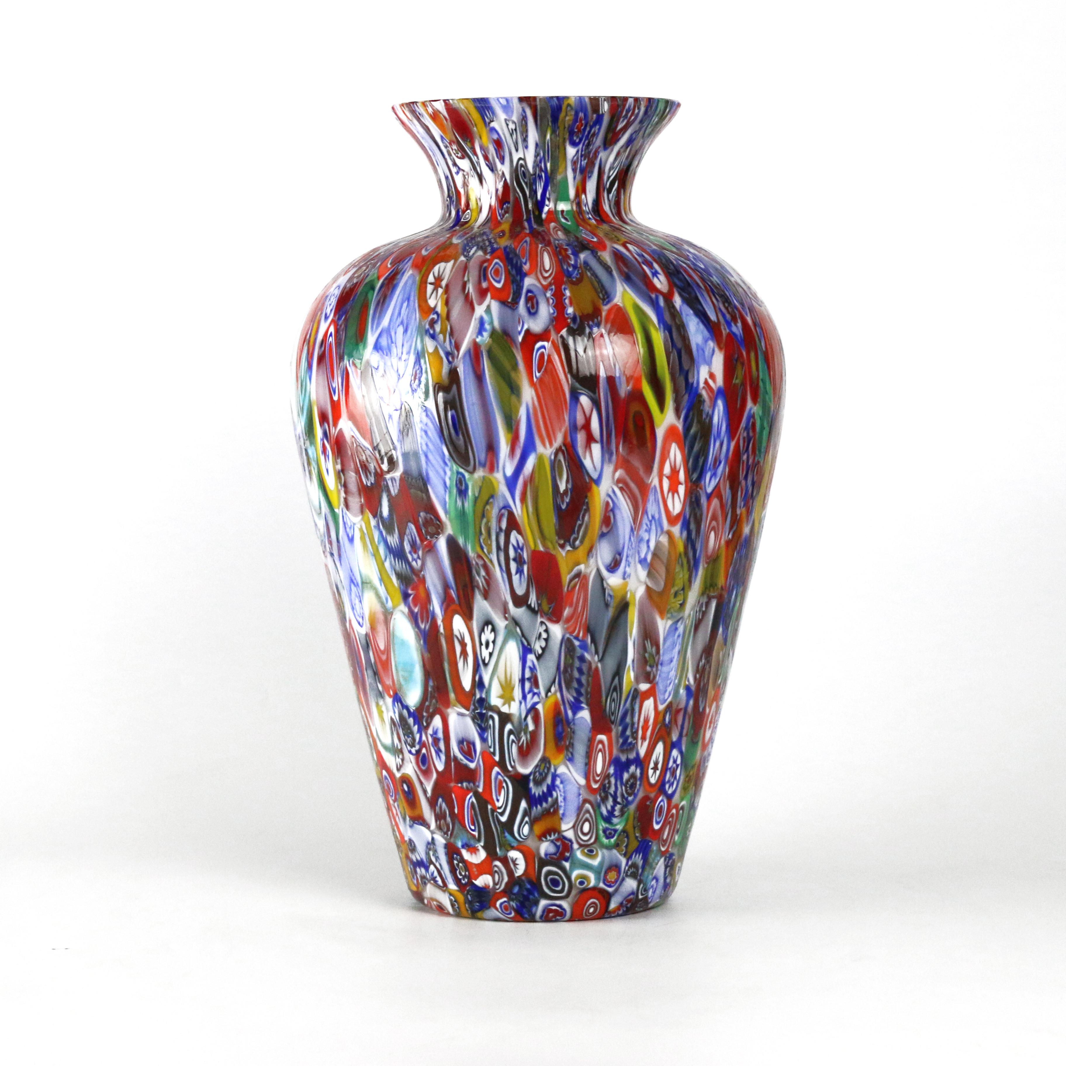Hand-Crafted 1295 Murano Hand Blown Glass Millefiori Murrine Vase Limited Edition H 14, 5 in  For Sale