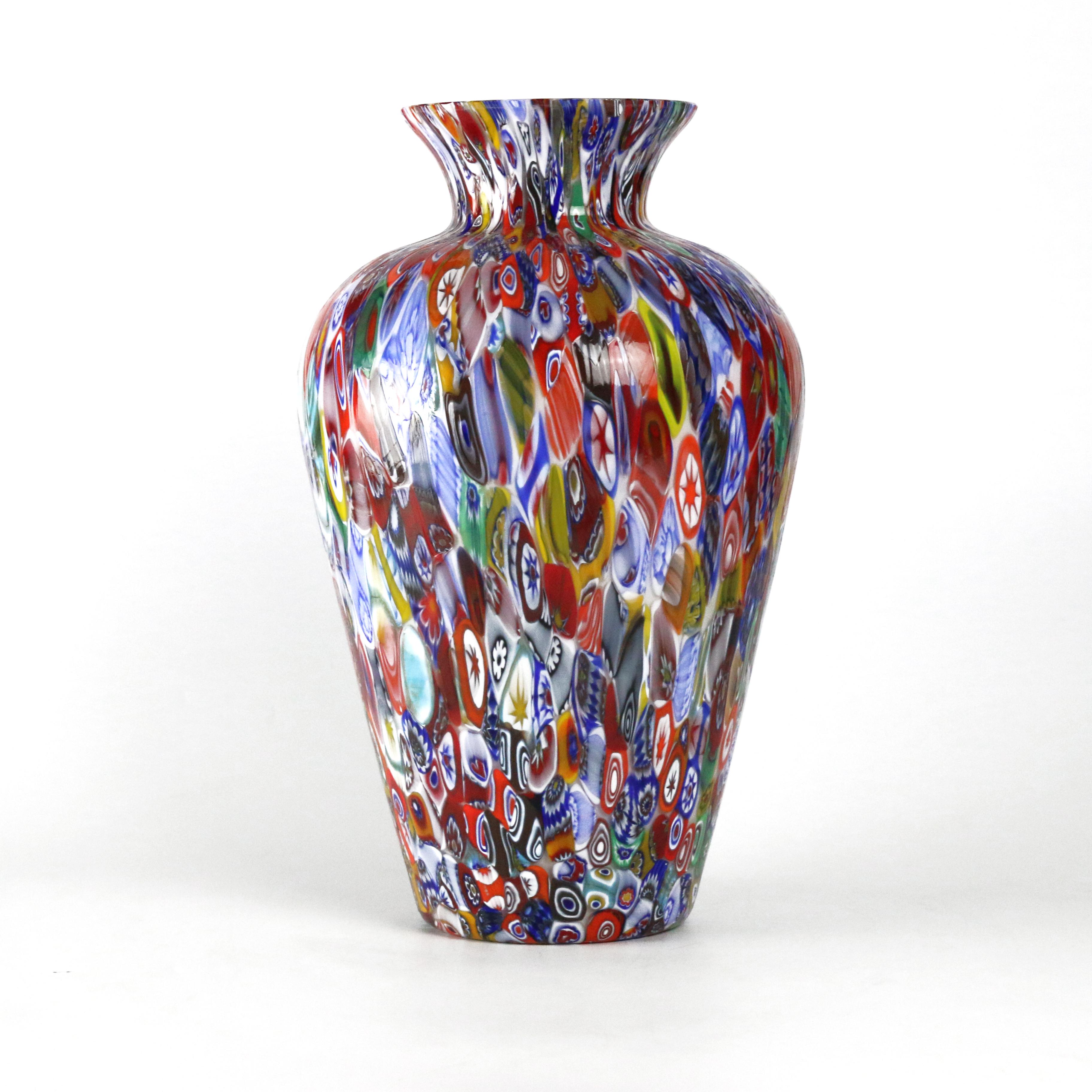 Hand-Crafted 1295 Murano Hand Blown Glass Millefiori Murrine Vase Limited Edition H 14, 5 in For Sale