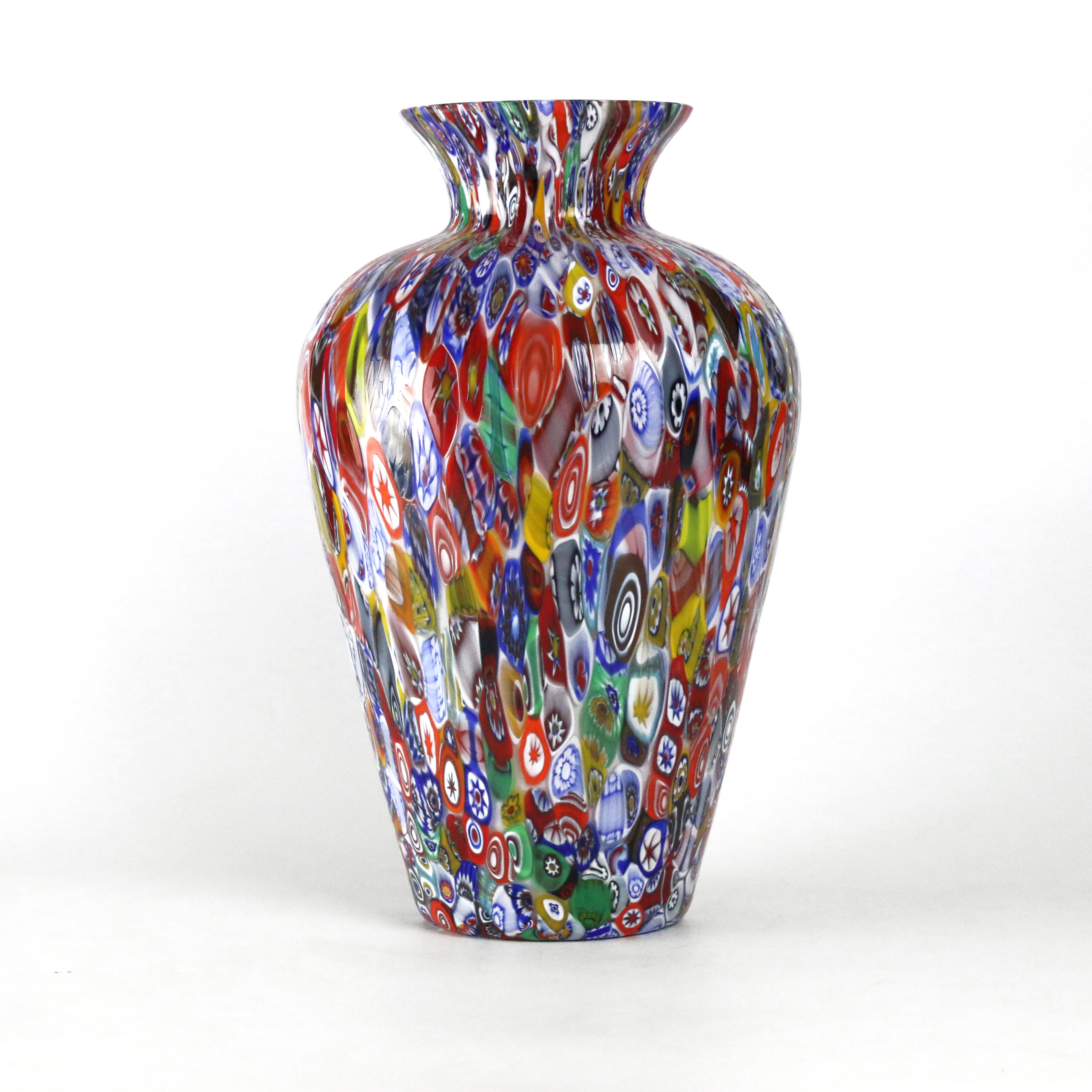 1295 Murano Hand Blown Glass Millefiori Murrine Vase Limited Edition H 14, 5 in In New Condition For Sale In Venice, VE