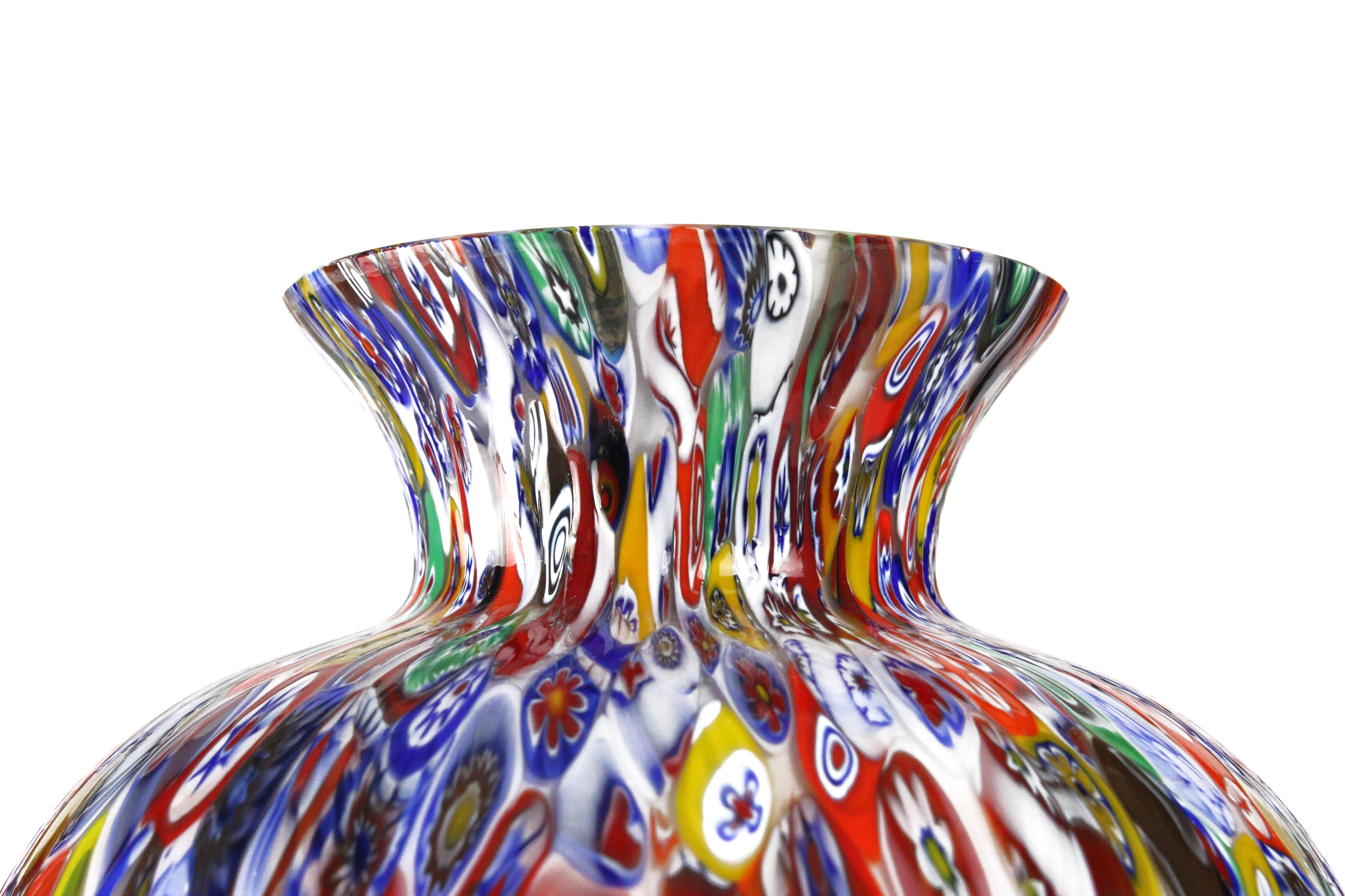 Art Glass 1295 Murano Hand Blown Glass Millefiori Murrine Vase Limited Edition H 14, 5 in  For Sale