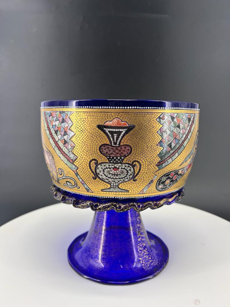 Italian 1295 Murano, hand blown Murano glass art vase Barovier Style hand painted Cup For Sale