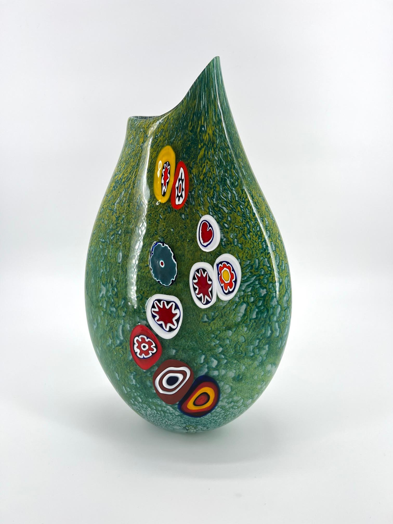 Contemporary 1295 Murano Hand Blown Murrine Glass Vase For Sale