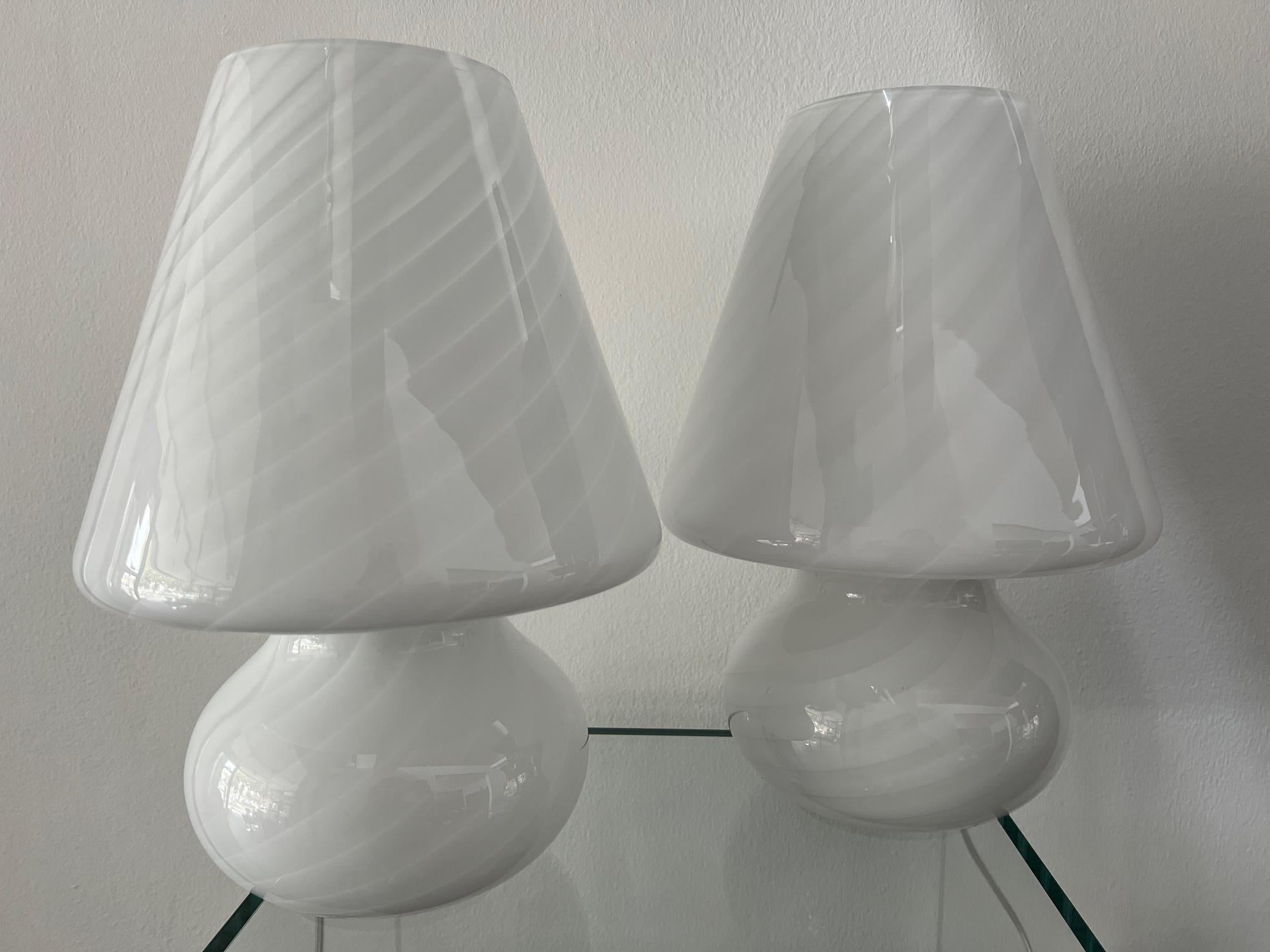 Italian 1295 Murano, Hand Made Abat Jour White Torchon Blown Glass, 2pcs Table Lamp For Sale