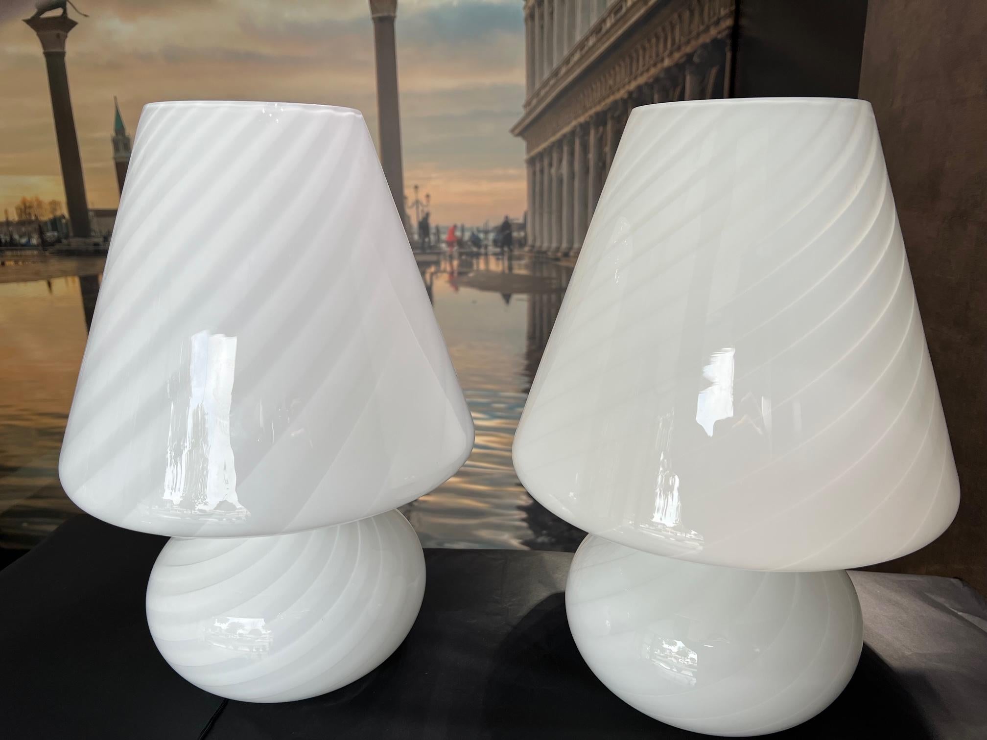 Hand-Crafted 1295 Murano, Hand Made Abat Jour White Torchon Blown Glass, 2pcs Table Lamp For Sale