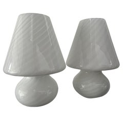 1295 Murano, Hand Made Abat Jour White Torchon Blown Glass, 2pcs Table Lamp