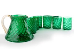 1295 Murano Hand Made Art Balloton Glasses Caraf Set + 24 Kt Gold Green Emerald