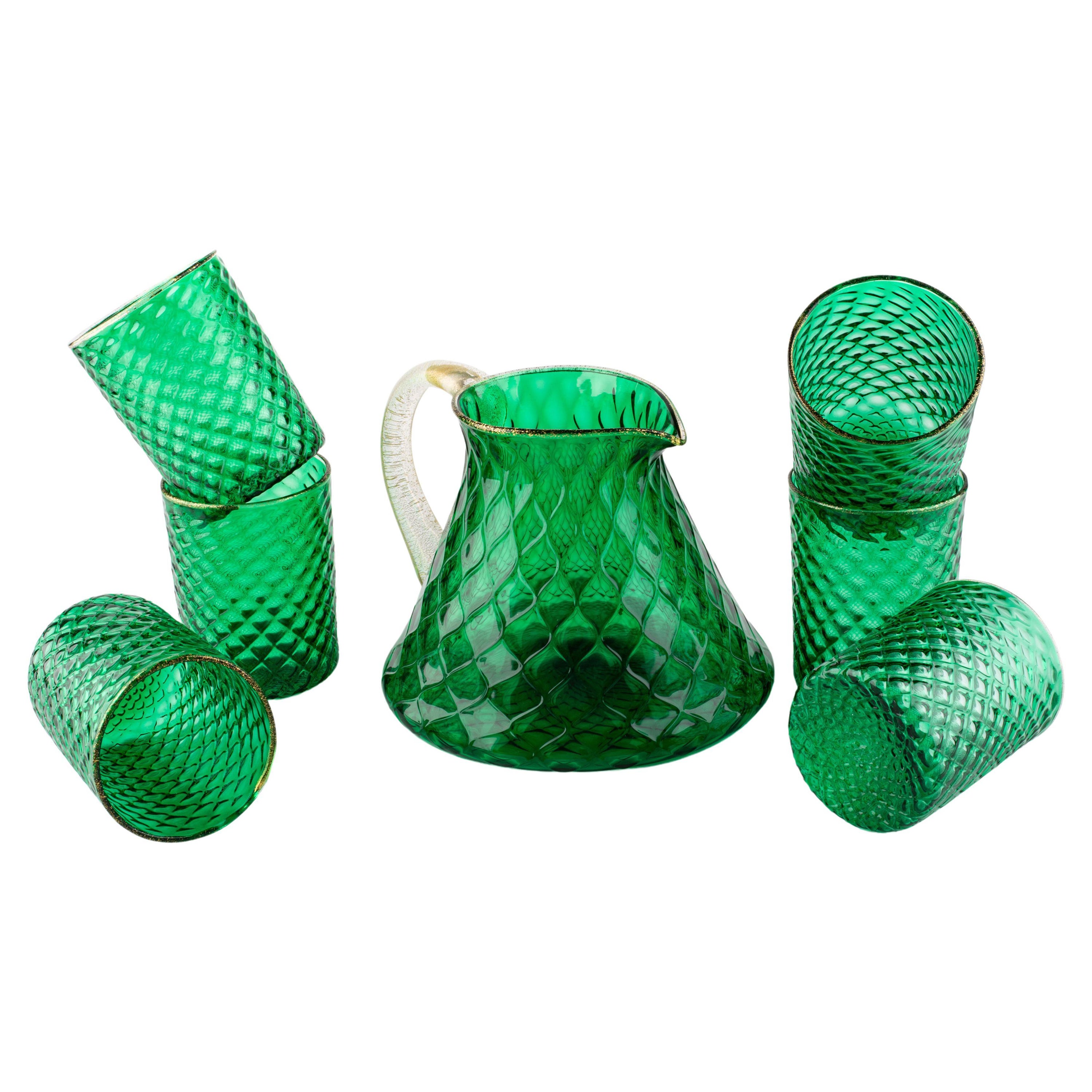 1295 Murano Hand Made Art Balloton Glasses Caraf Set + 24 Kt Gold Green Emerald For Sale