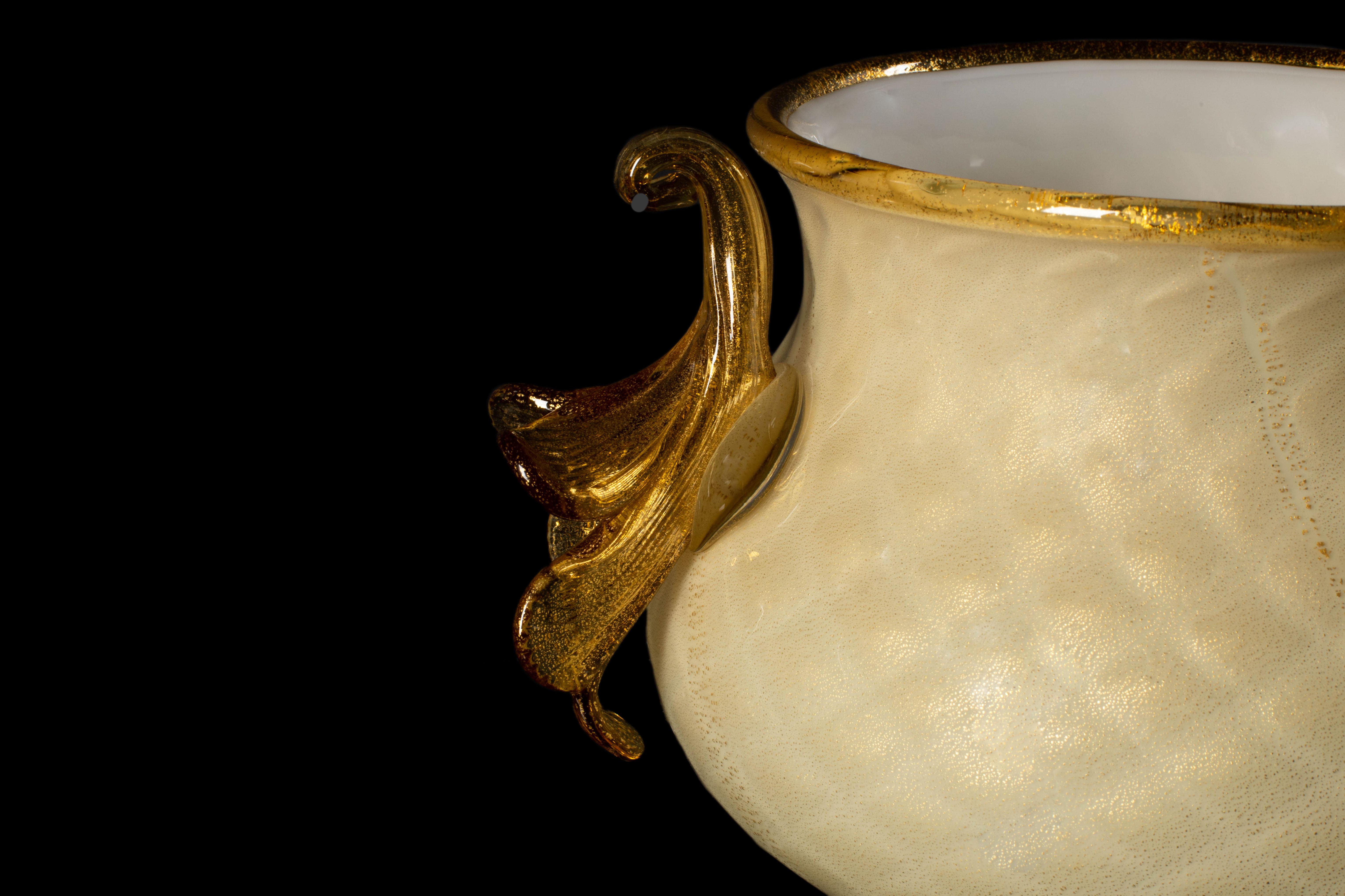 Renaissance Revival 1295 Murano Hand Made Art Glass Amber Cup 24k Gold Leaf Cornucopia For Sale