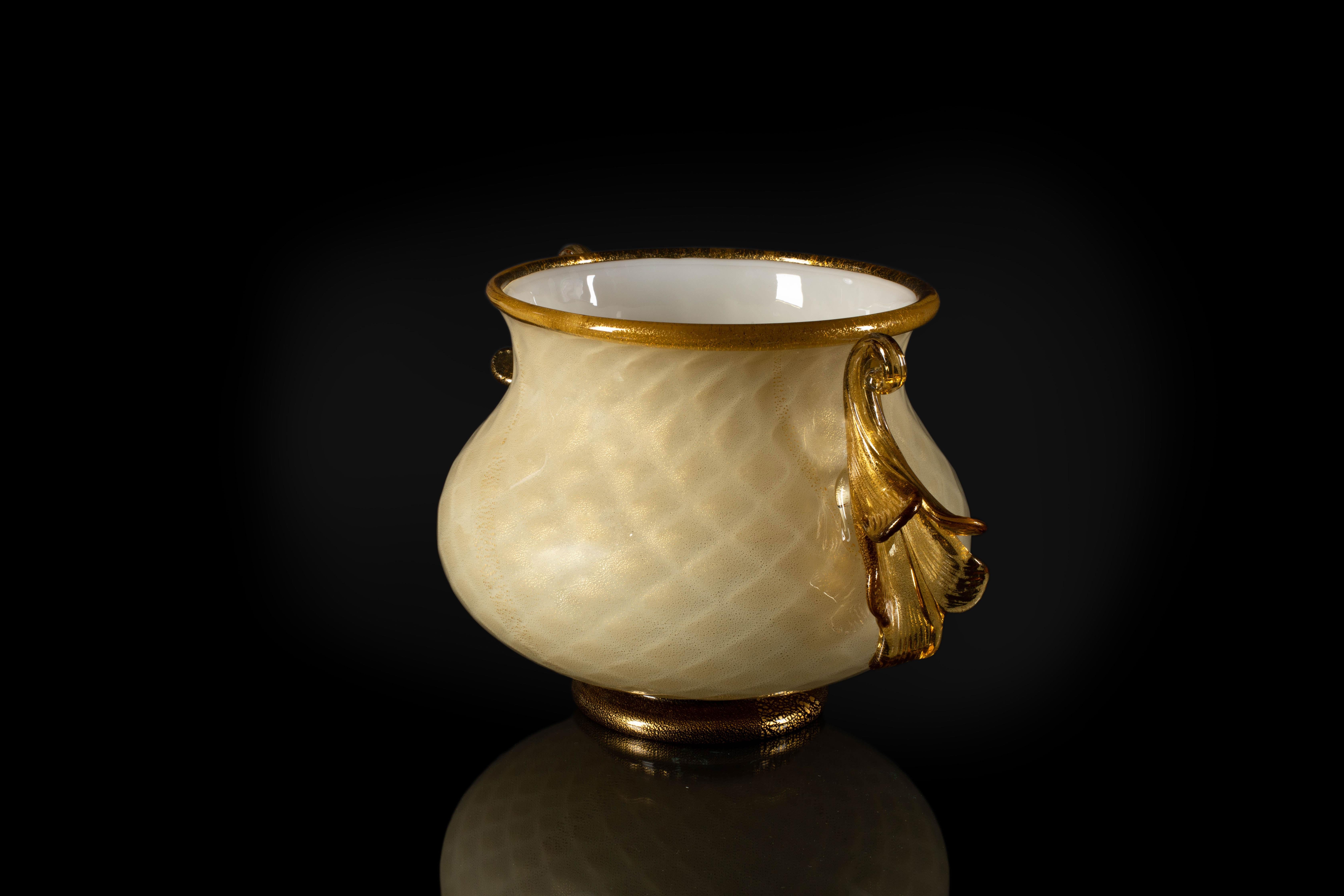 Italian 1295 Murano Hand Made Art Glass Amber Cup 24k Gold Leaf Cornucopia For Sale