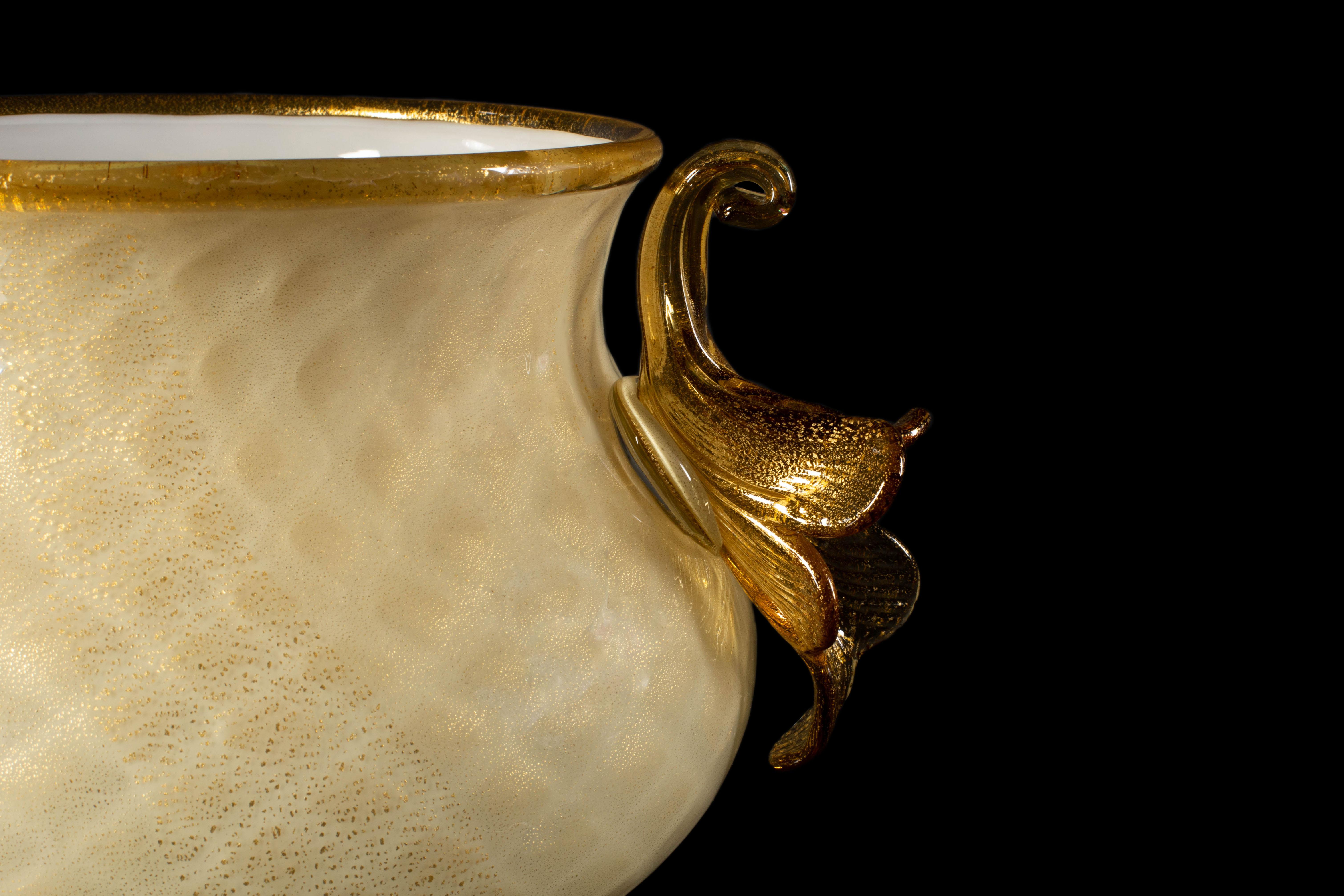 Contemporary 1295 Murano Hand Made Art Glass Amber Cup 24k Gold Leaf Cornucopia For Sale