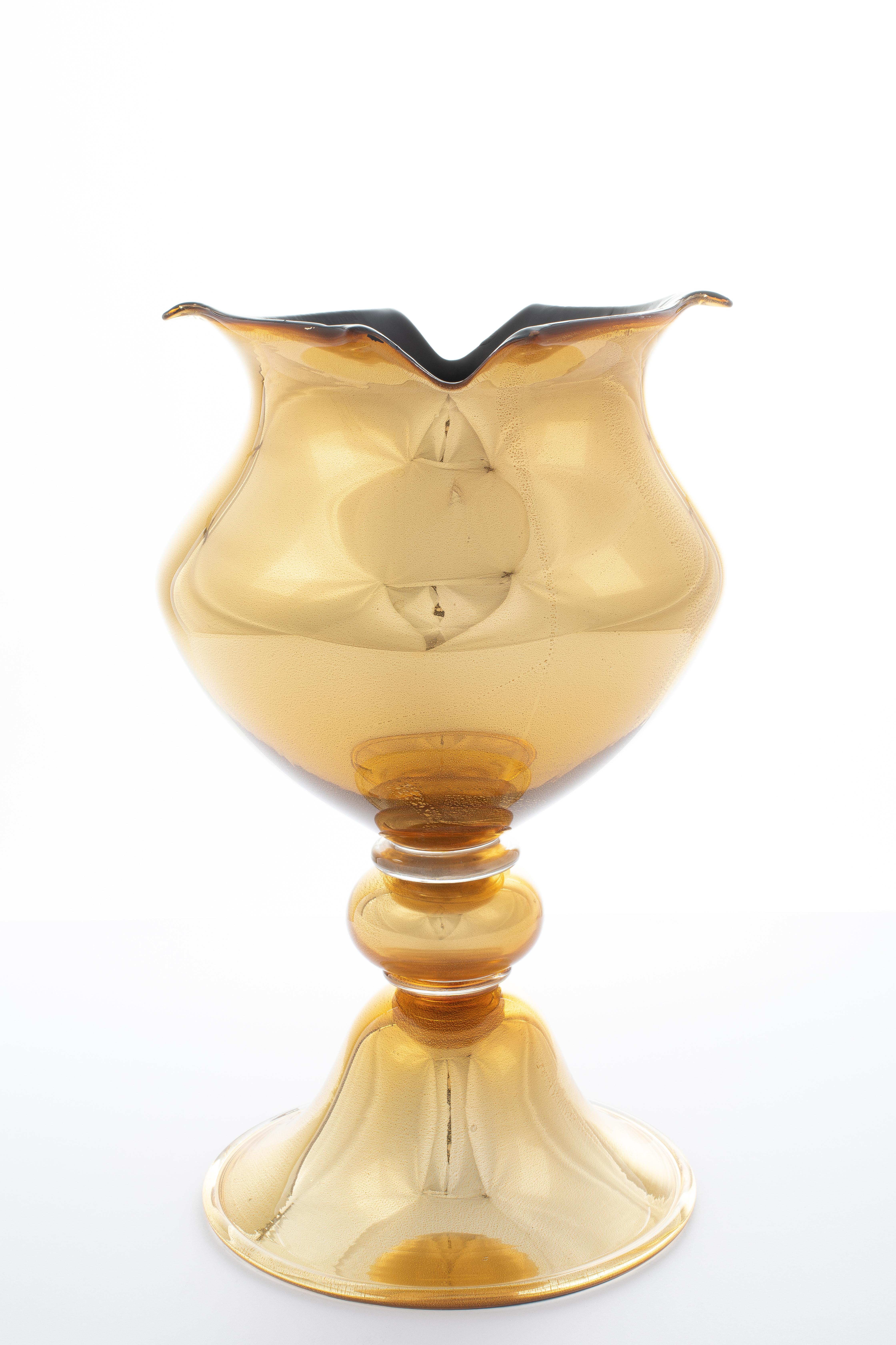 Italian 1295 Murano Hand Made Art Glass Amber Gold Mirror Volo Vase 24kt Gold Leaf For Sale