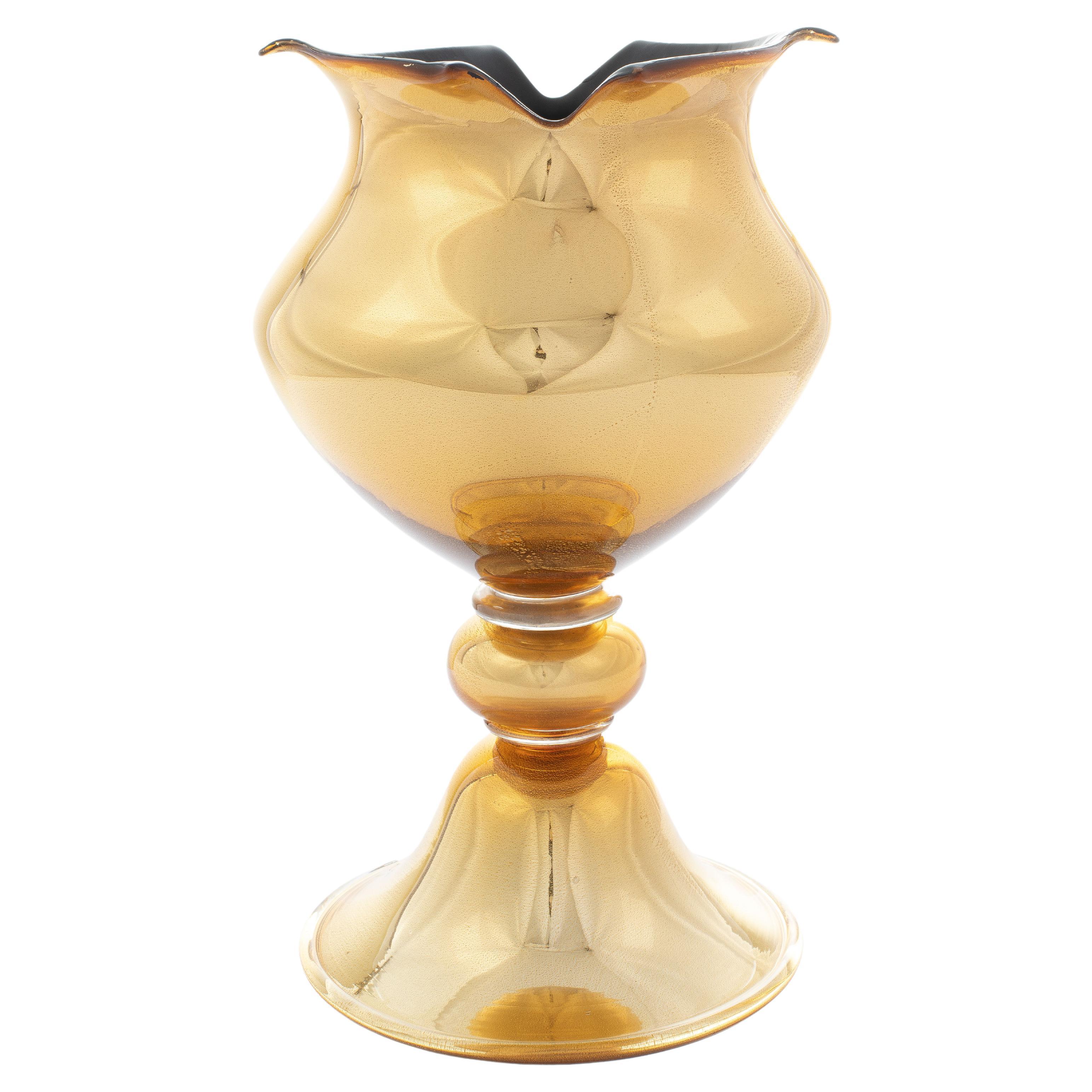 1295 Murano Hand Made Art Glass Vase, Amber Cornucopia 24k Gold Leaf