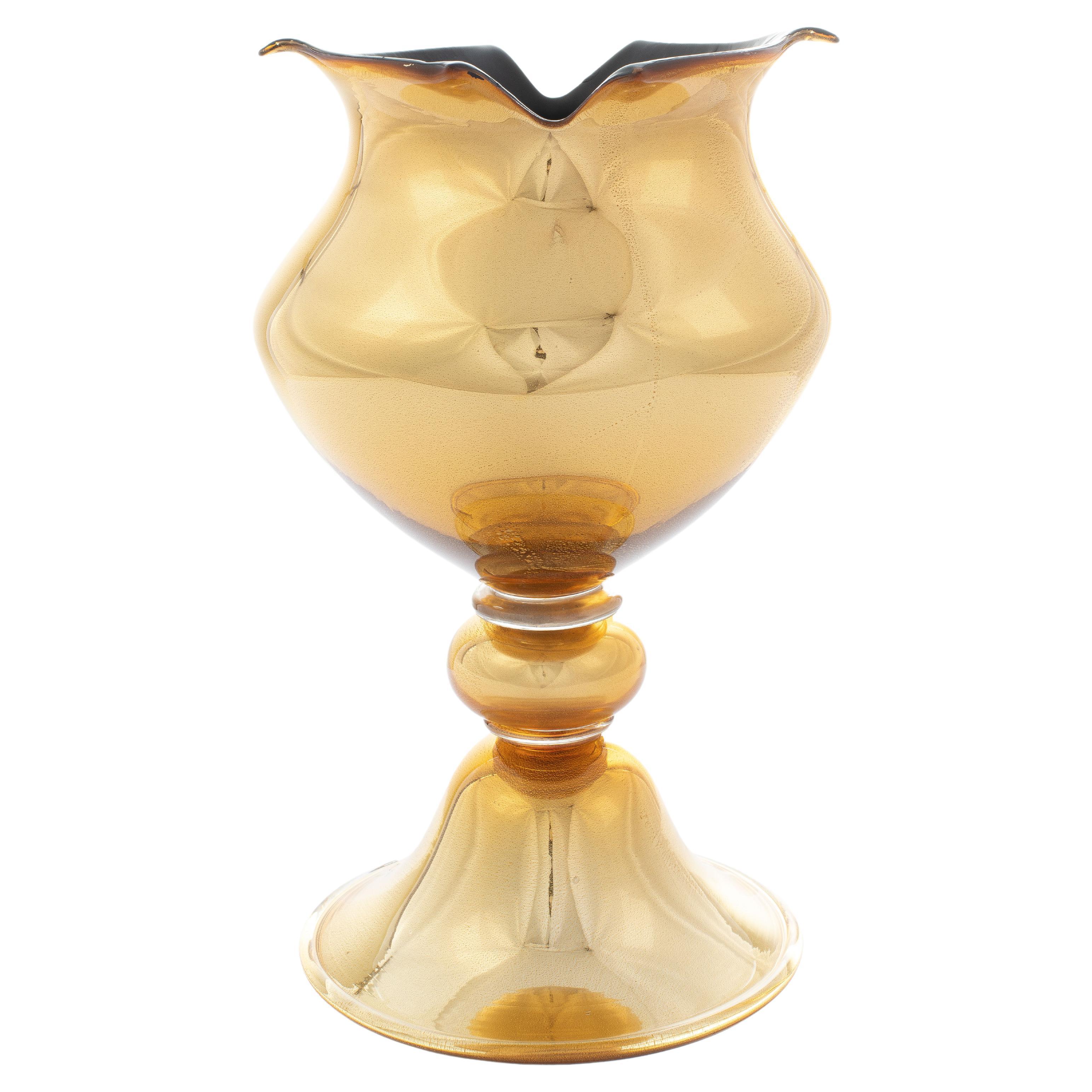 1295 Murano Hand Made Art Glass Amber Gold Mirror Volo Vase 24kt Gold Leaf For Sale