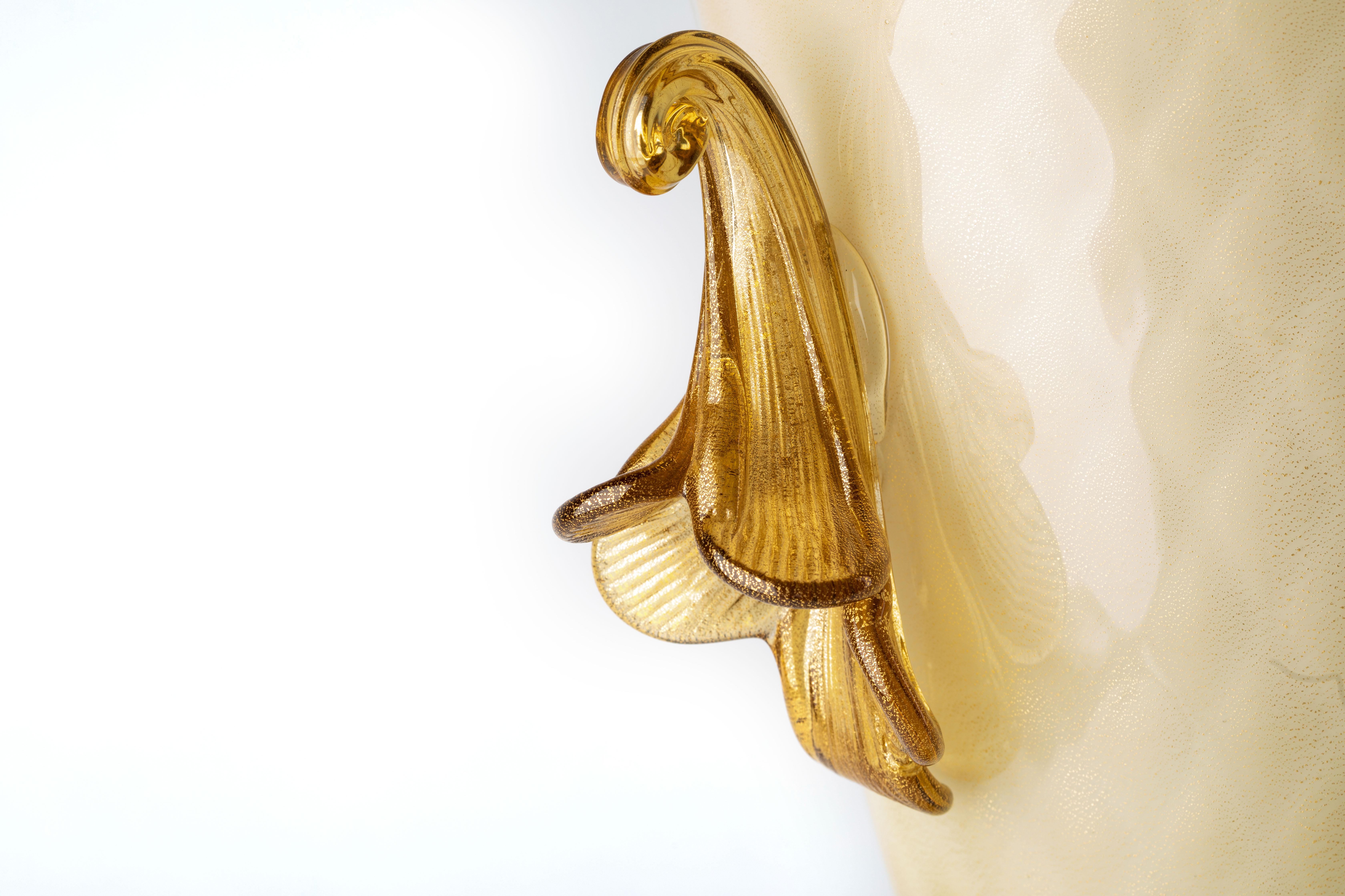 1295 Murano Hand Made Art Glass Amber Vase 24k Gold Leaf For Sale 5