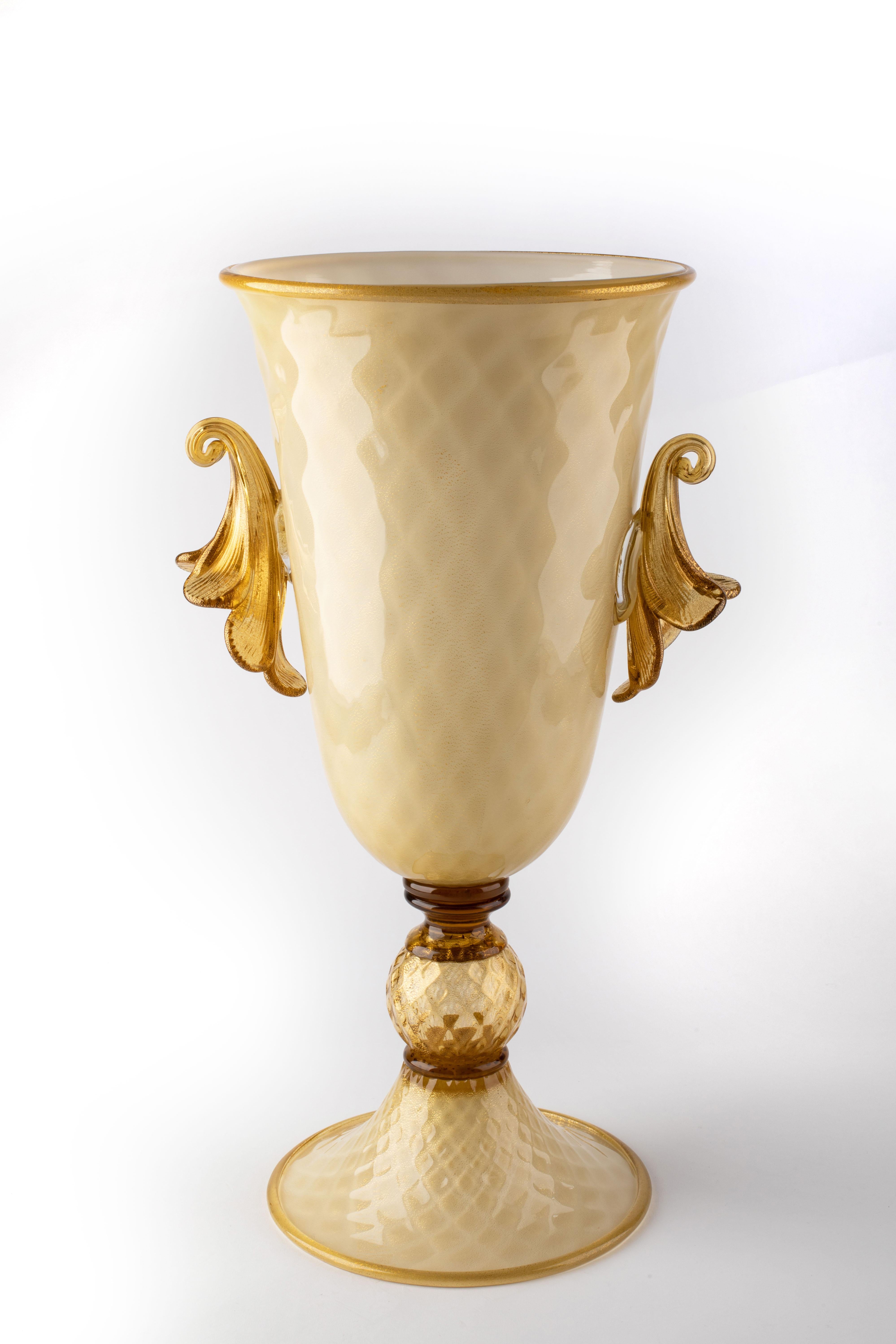 Renaissance Revival 1295 Murano Hand Made Art Glass Amber Vase 24k Gold Leaf For Sale