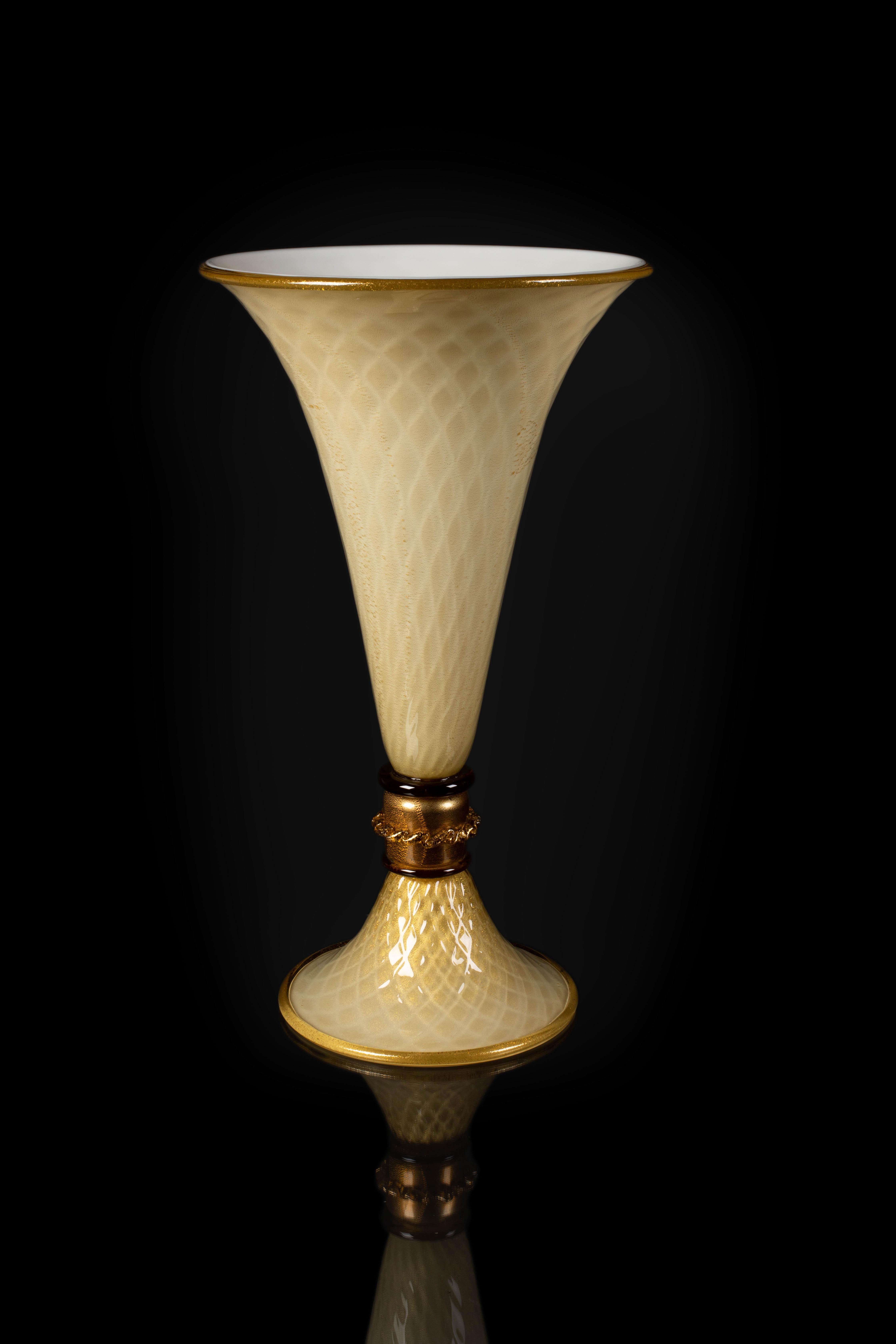 Renaissance Revival 1295 Murano Hand Made Art Glass Amber Vase 24K Gold Leaf For Sale