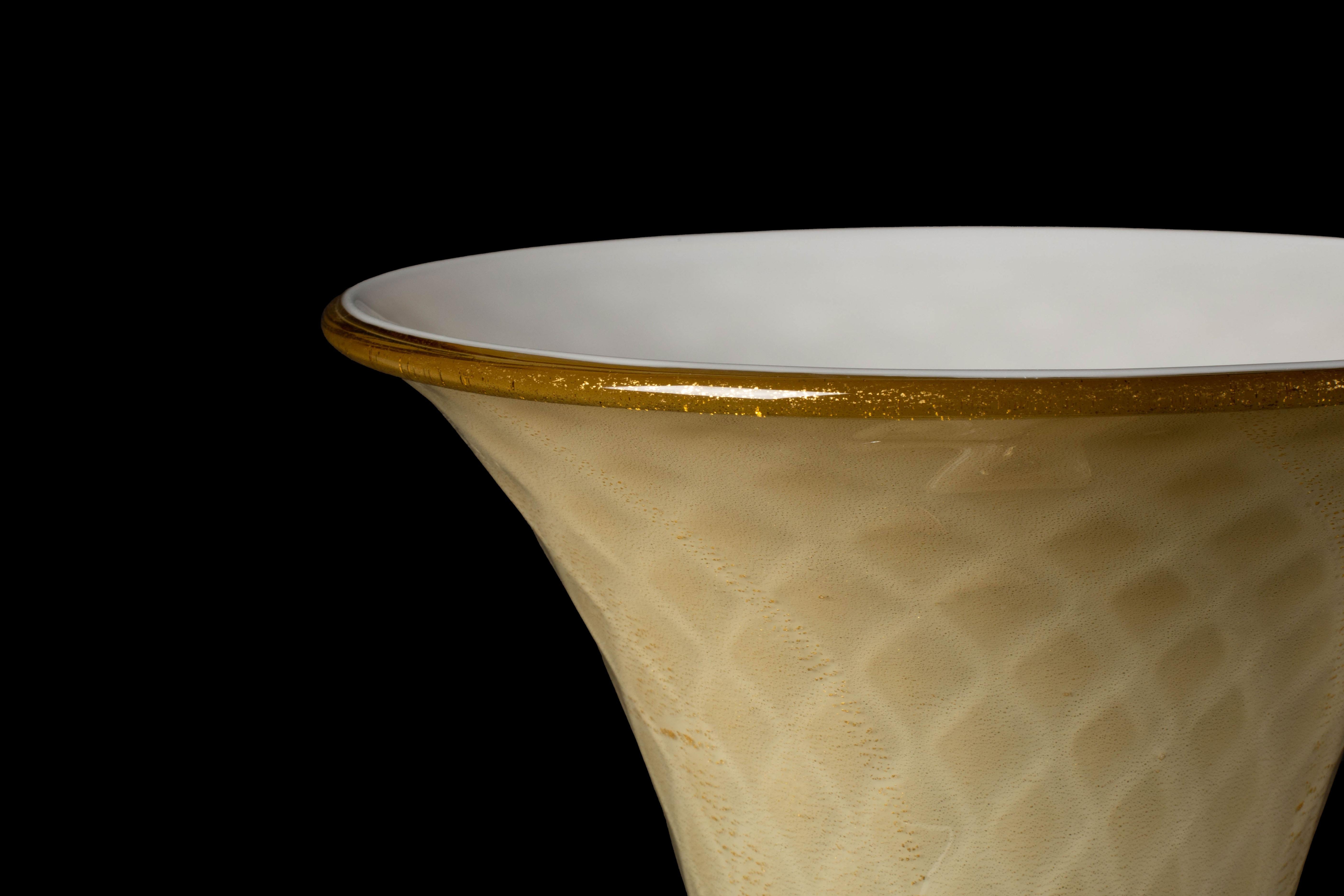 Italian 1295 Murano Hand Made Art Glass Amber Vase 24K Gold Leaf For Sale
