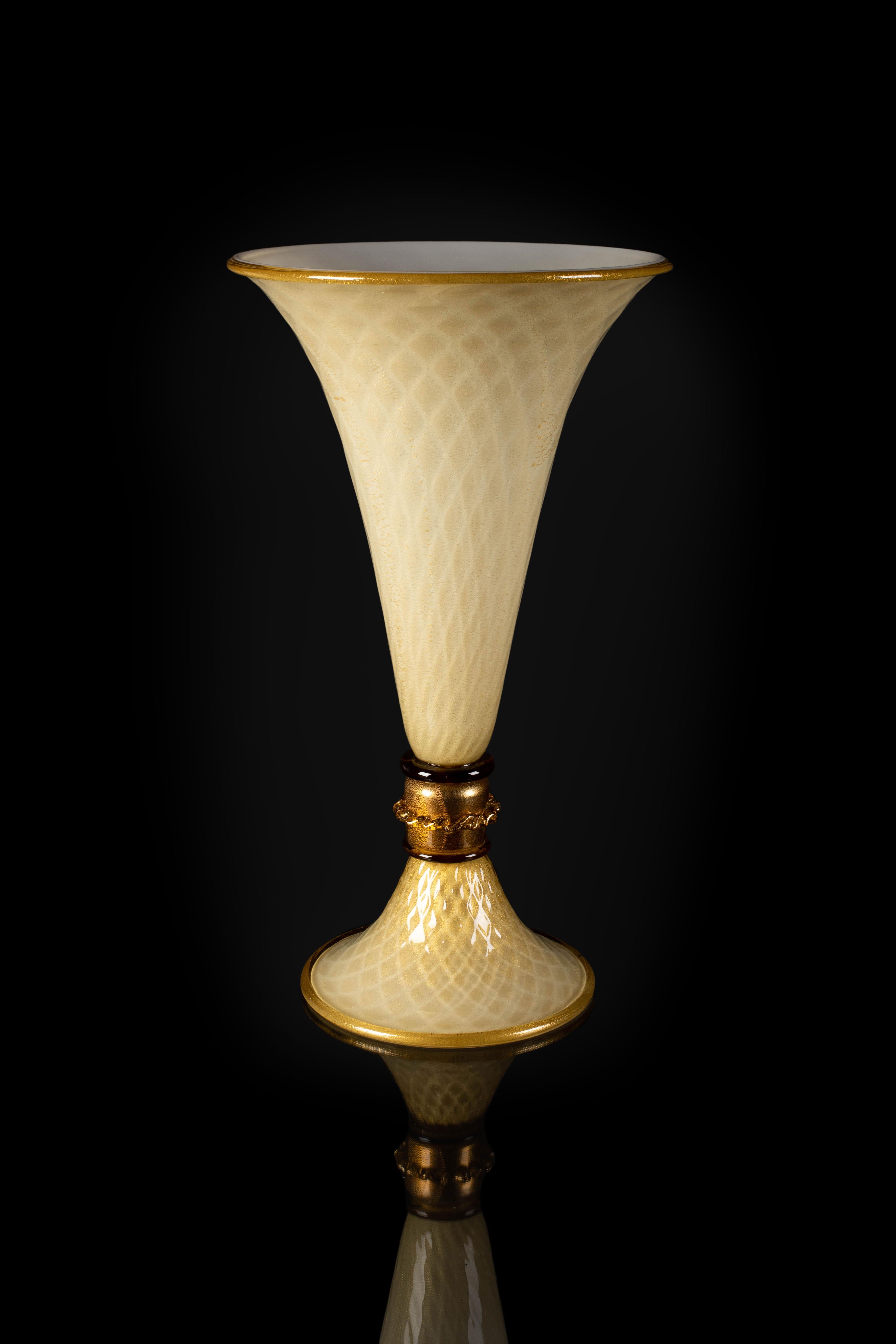 1295 Murano Hand Made Art Glass Amber Vase 24K Gold Leaf For Sale 1