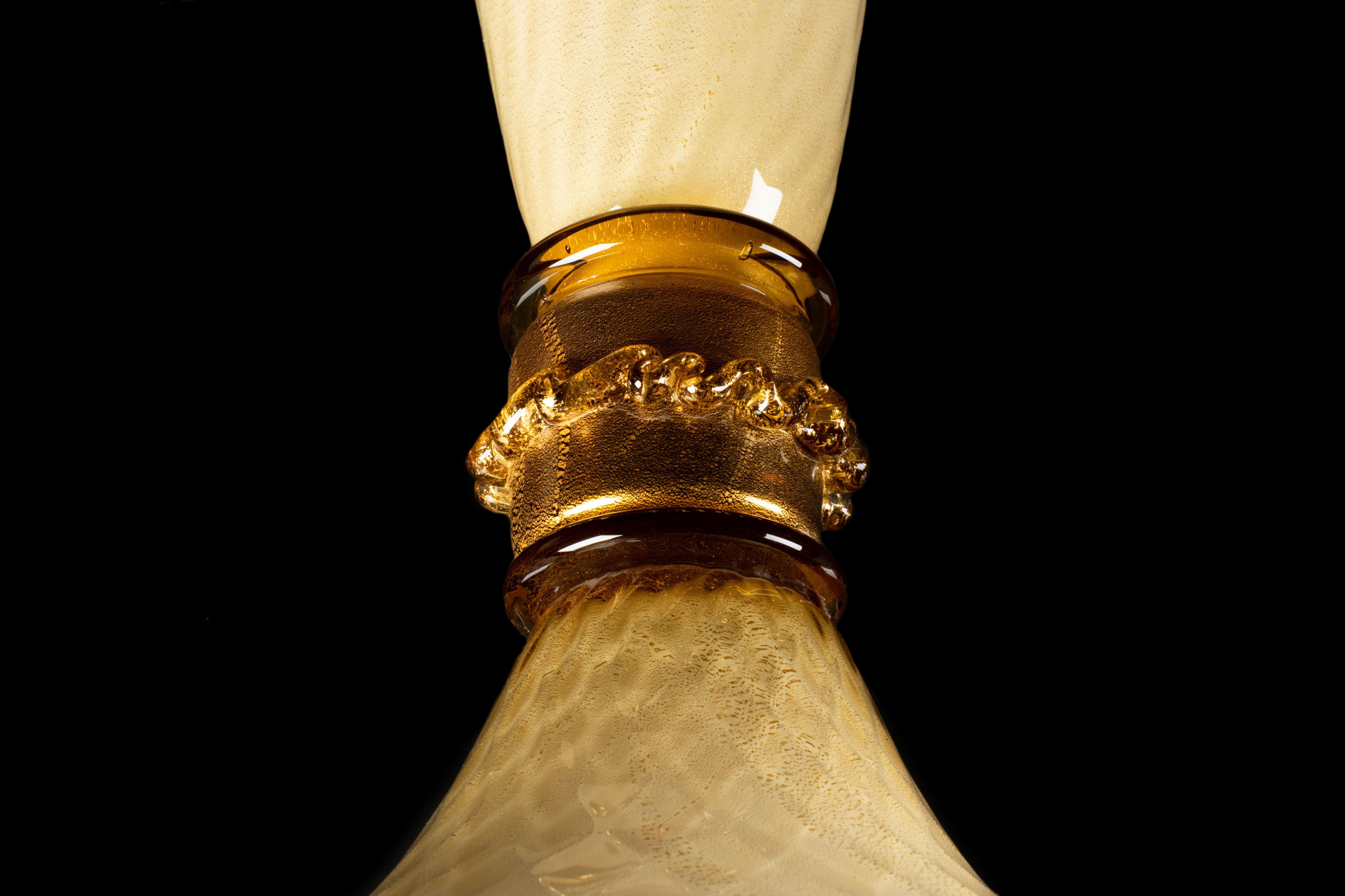 1295 Murano Hand Made Art Glass Amber Vase 24K Gold Leaf For Sale 3