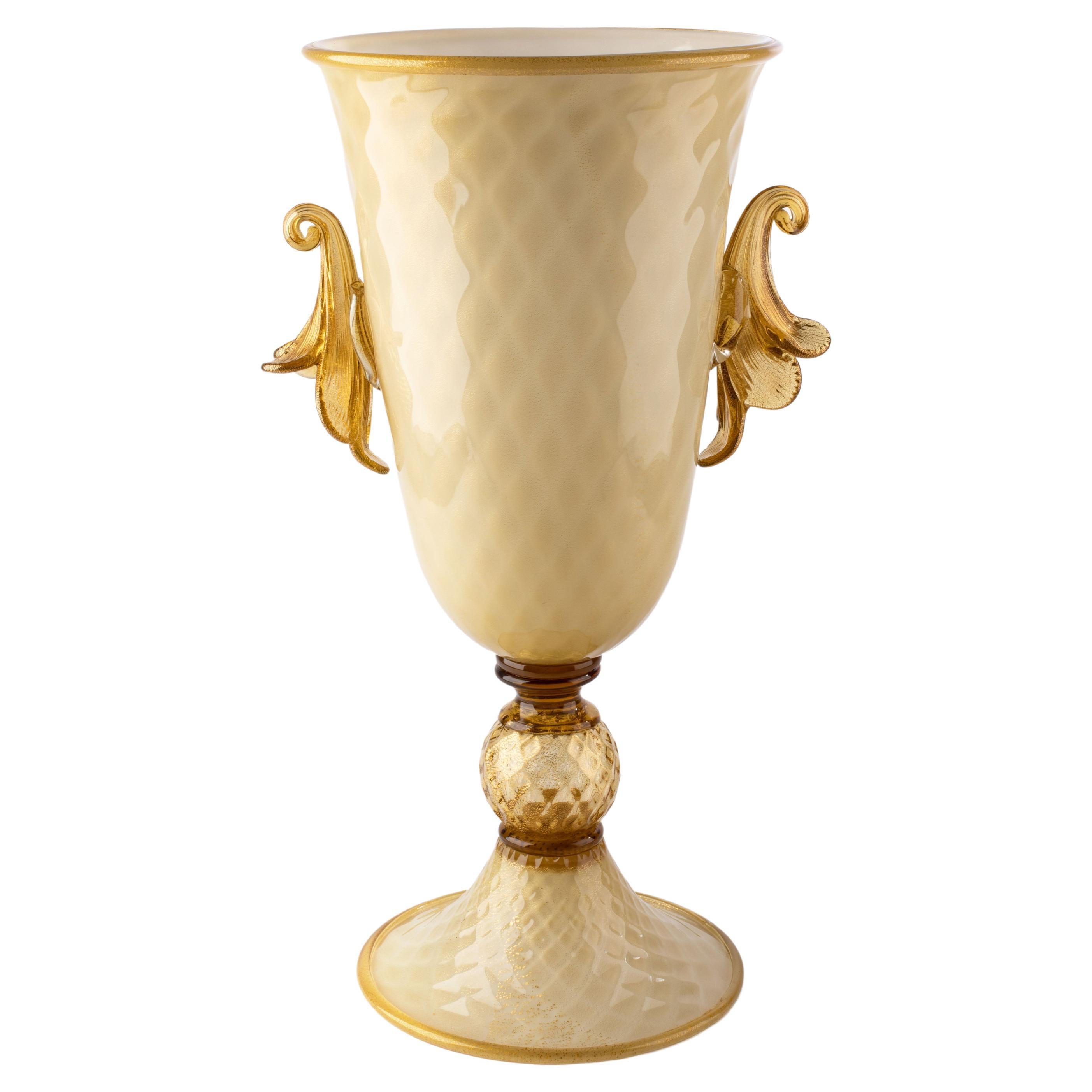 1295 Murano Hand Made Art Glass Amber Vase 24k Gold Leaf For Sale