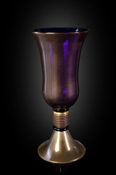 1295 Murano Hand Made Art Glass Blue Amber Gemelli Vase 24k Gold Leaf