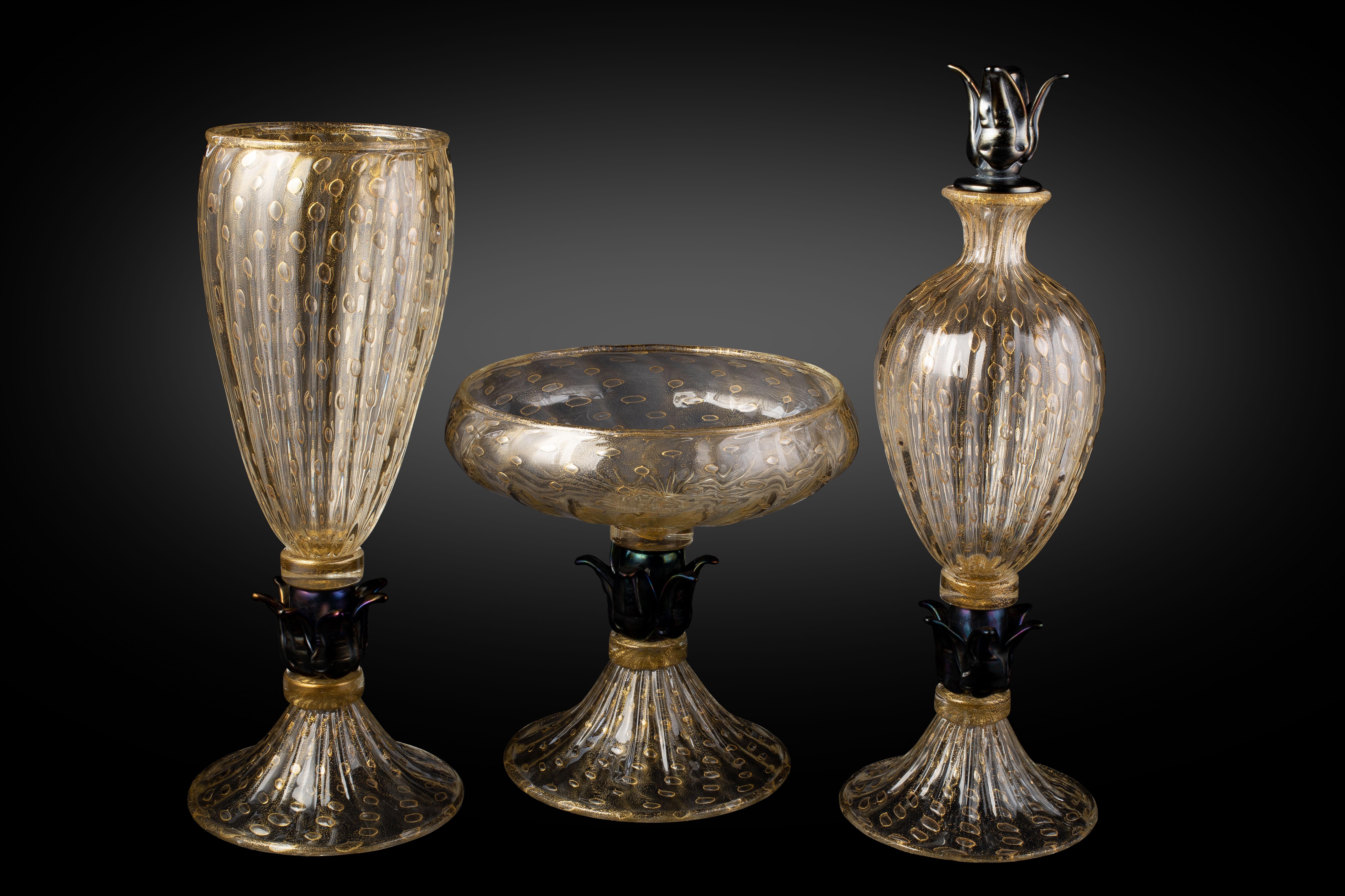 Set von 3 Meisterwerken aus handgefertigtem Murano-Kunstglas, Cromo-Bernstein 1295 (Neorenaissance) im Angebot