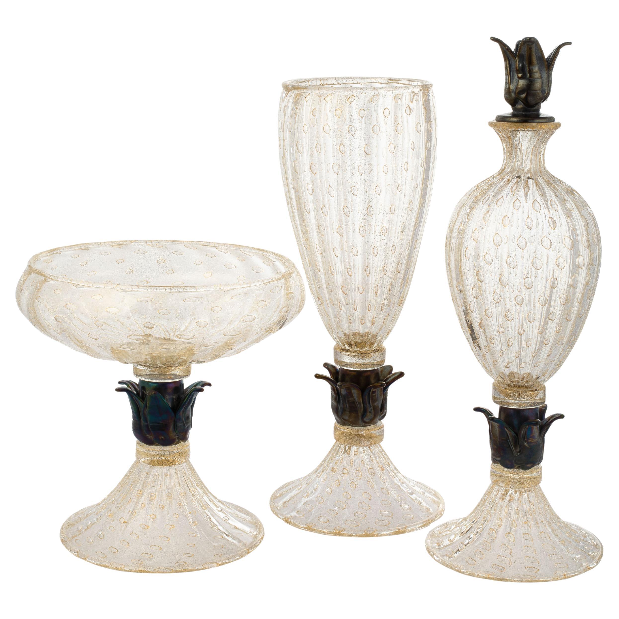 Set von 3 Meisterwerken aus handgefertigtem Murano-Kunstglas, Cromo-Bernstein 1295 im Angebot