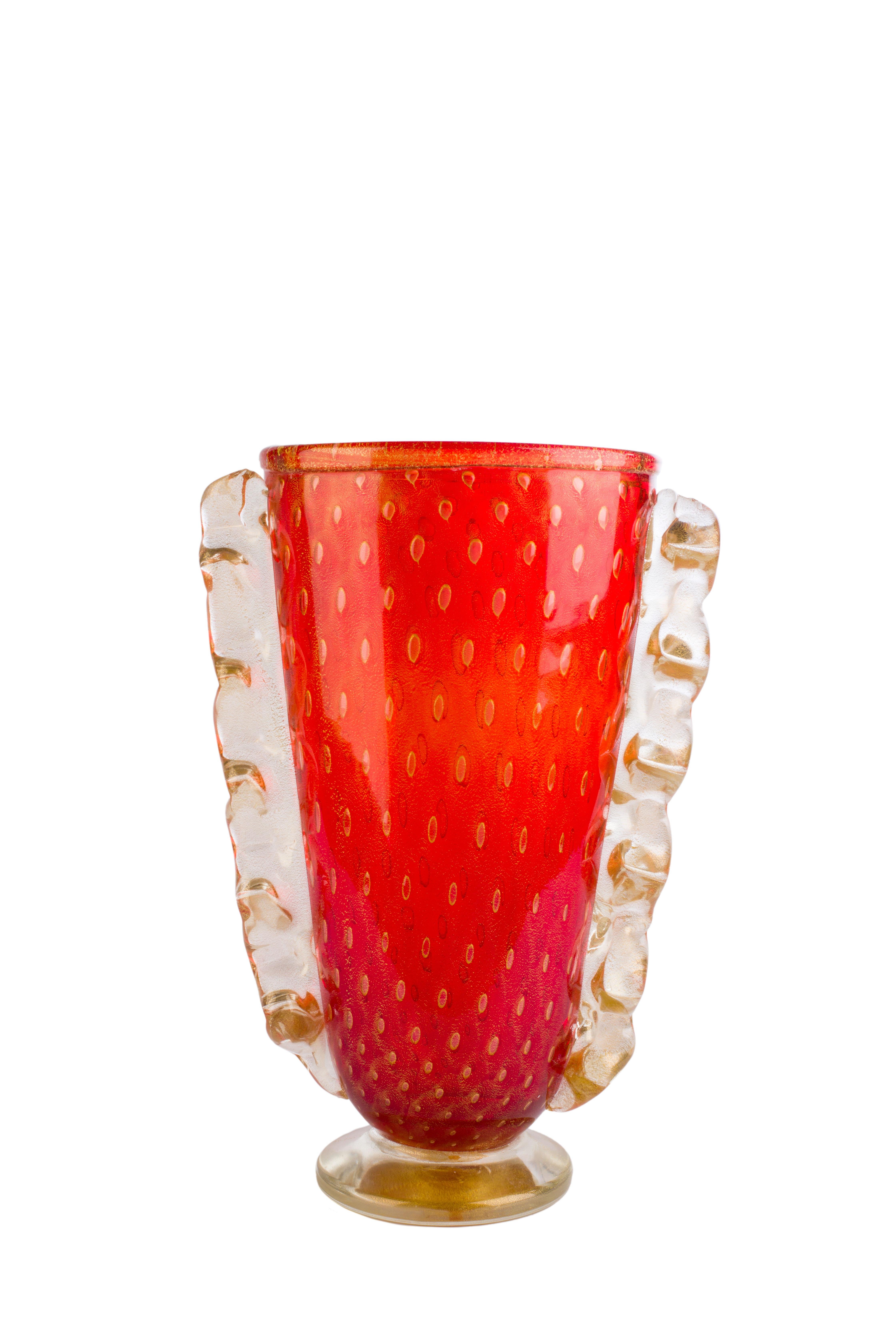 Renaissance Revival 1295 Murano Hand Made Art Glass Laguna Red and 24kt Gold Leaf For Sale