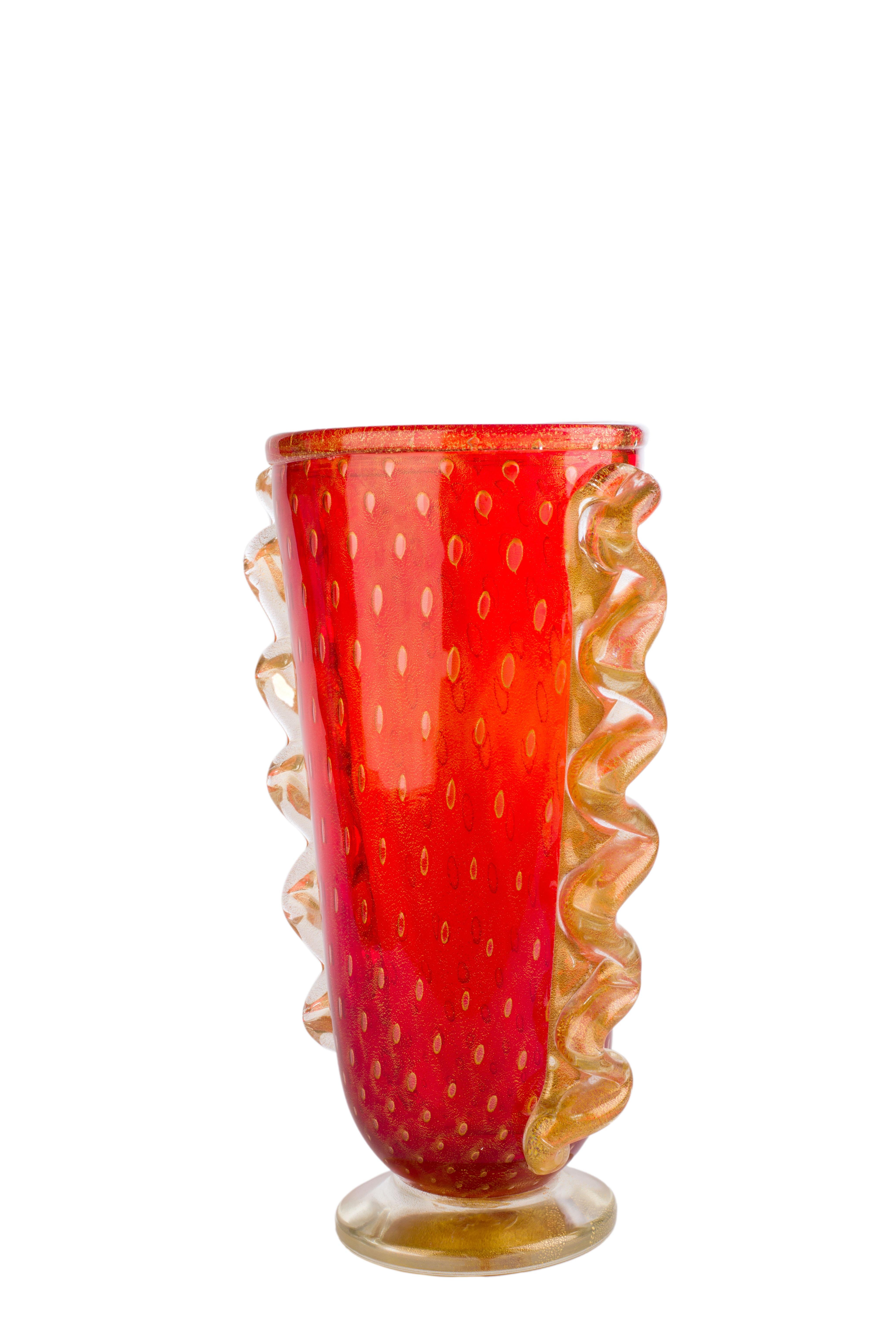Italian 1295 Murano Hand Made Art Glass Laguna Red and 24kt Gold Leaf For Sale