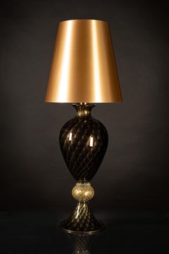 1295 Murano Hand Made Art Glass Table Lamp, Anfora Nera, 24k Gold Leaf