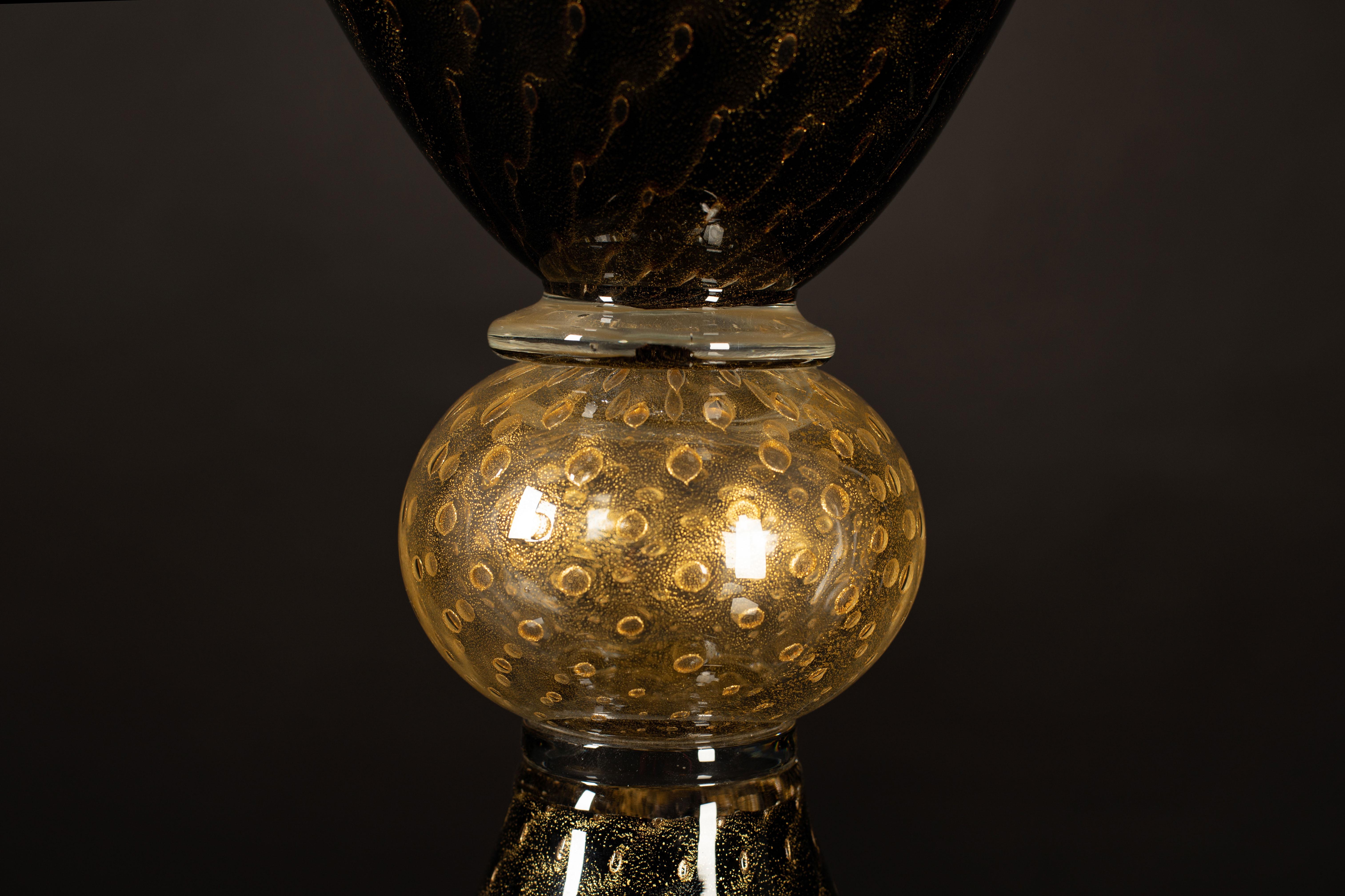 Renaissance Revival 1295 Murano Hand Made Art Glass Table Lamp, Anfora Nera, 24k Gold Leaf For Sale